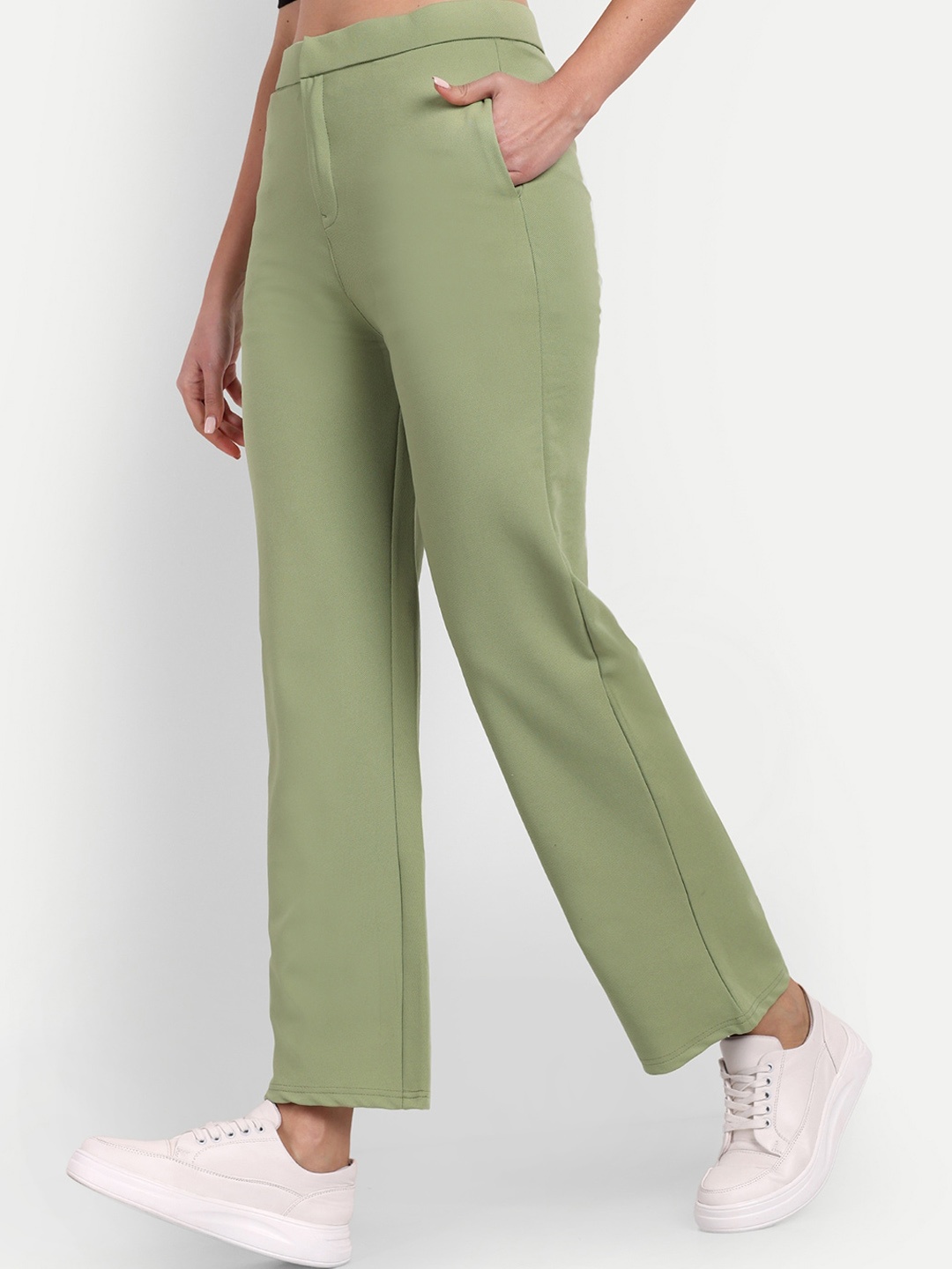 

BROADSTAR Women Relaxed Straight Leg Straight Fit High-Rise Easy Wash Trousers, Green