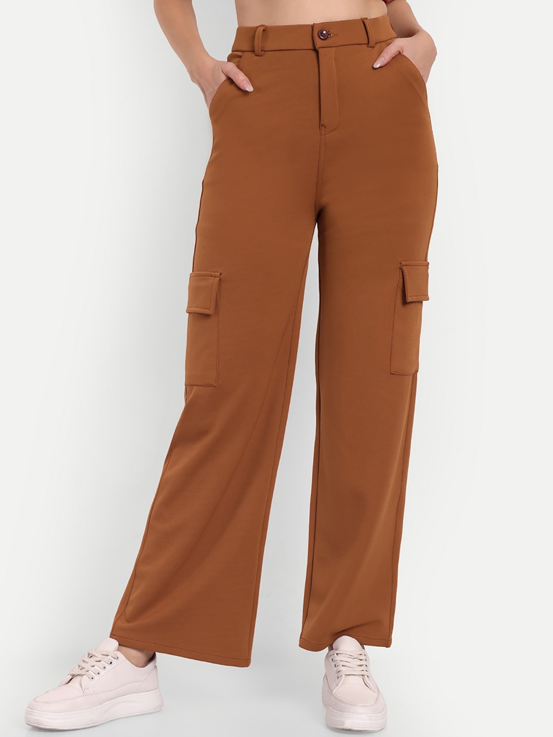 

BROADSTAR Women Smart Straight Fit High-Rise Easy Wash Cargo Trousers, Tan