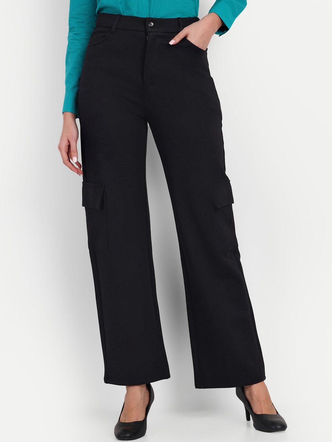 

BROADSTAR Women Smart Straight Fit High-Rise Easy Wash Cargos Trousers, Black