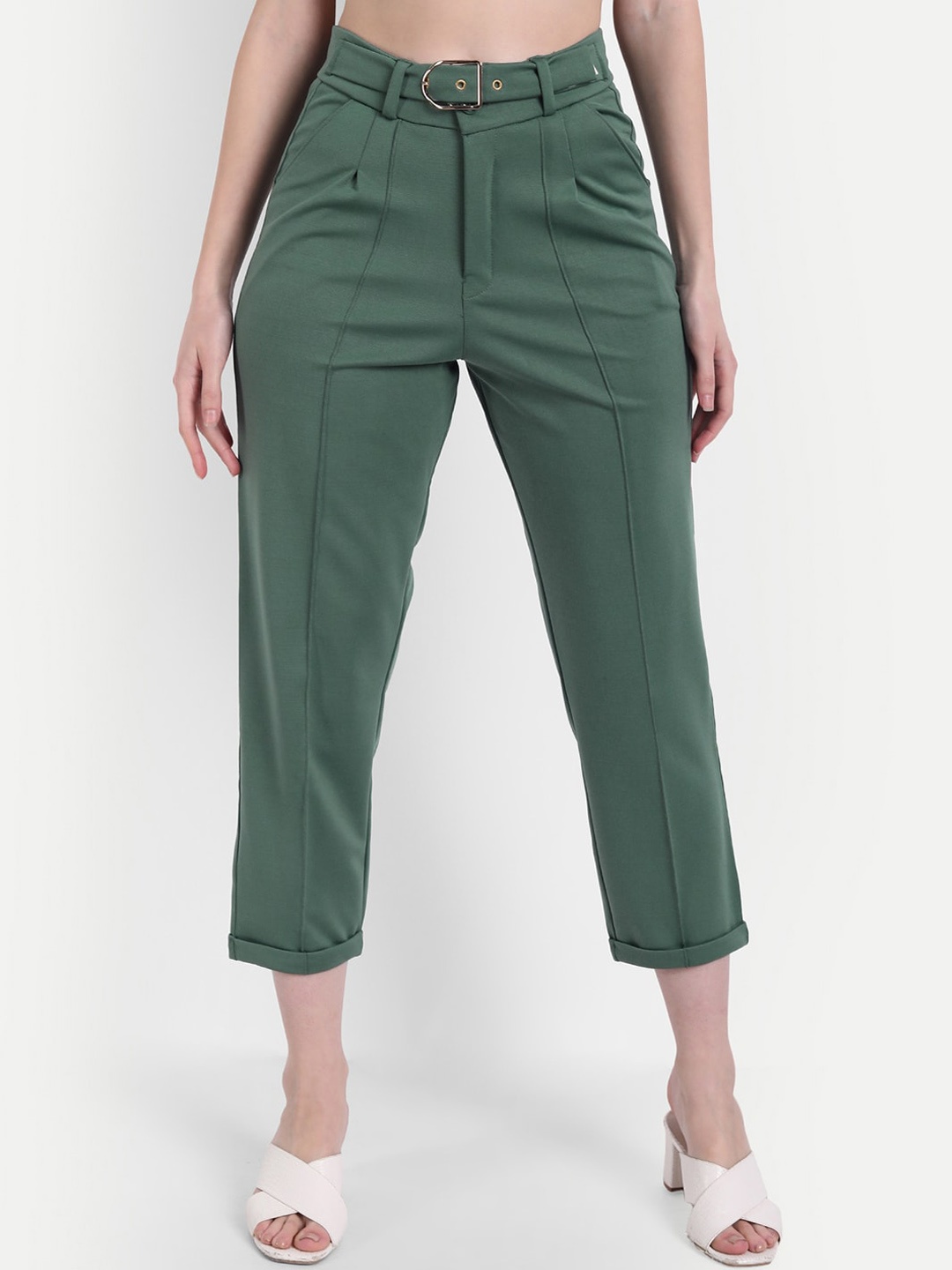 

BROADSTAR Women Smart Straight Fit High-Rise Easy Wash Pleated Stretchable Trousers, Green