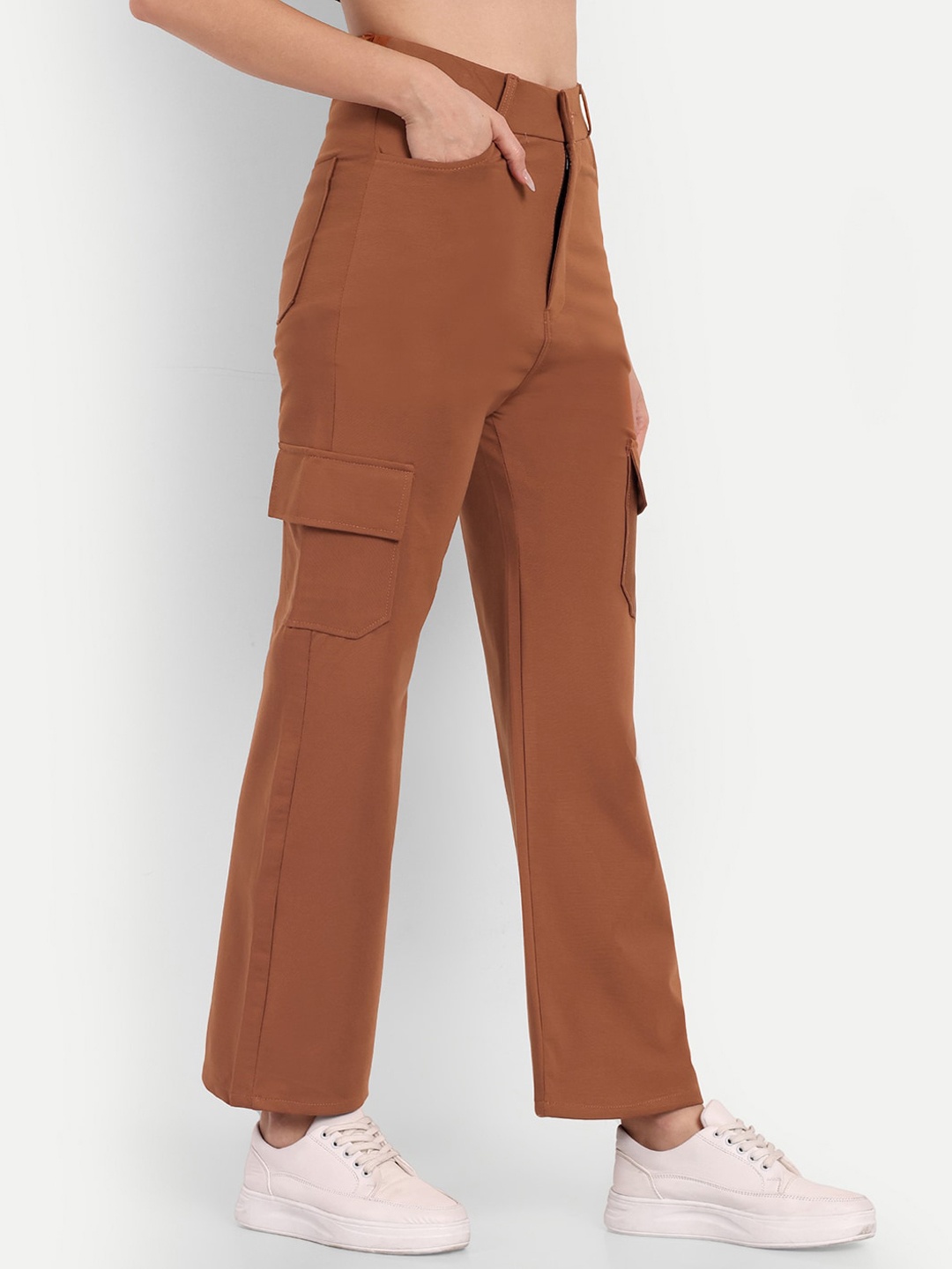 

BROADSTAR Women Smart Straight Fit High-Rise Easy Wash Cargo Trousers, Tan