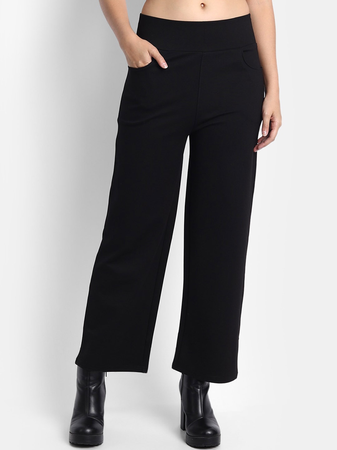 

BROADSTAR Women Relaxed Straight Fit High-Rise Parallel Trousers, Black