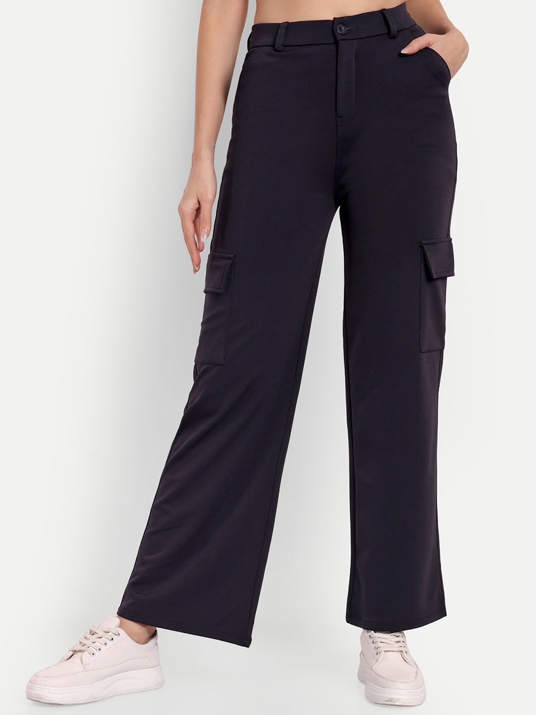 

BROADSTAR Women Smart Straight Fit High-Rise Cargos Trousers, Navy blue