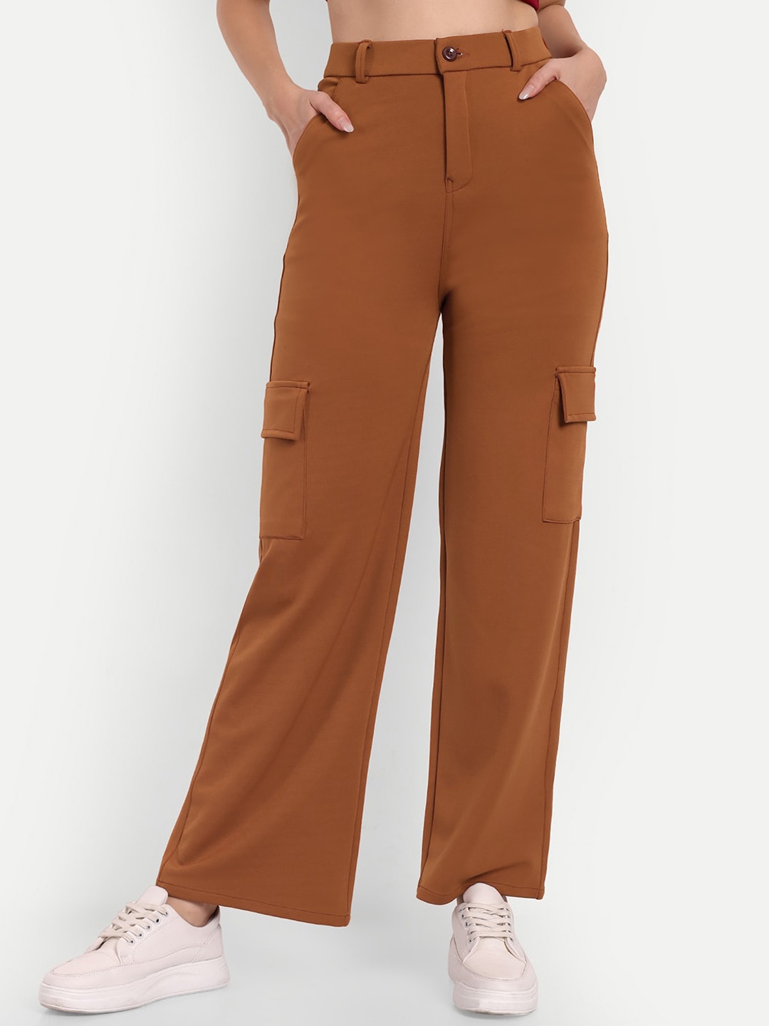

BROADSTAR Women Smart Straight Fit High-Rise Easy Wash Cargo Trousers, Tan