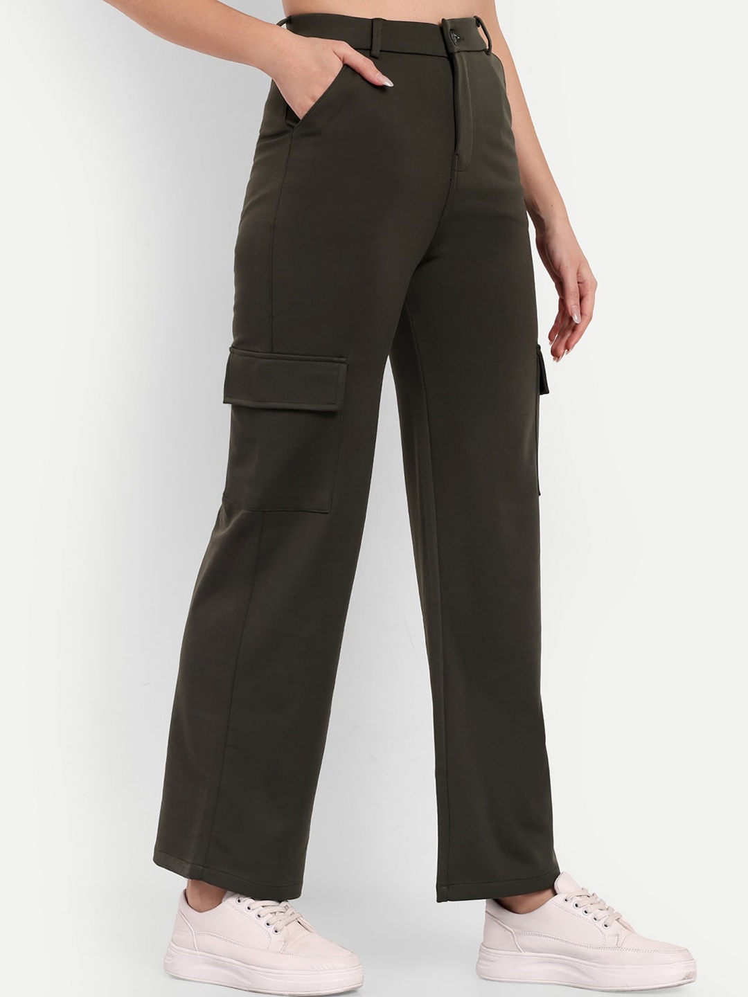 

BROADSTAR Women Smart Straight Fit High-Rise Easy Wash Cargos Trousers, Olive