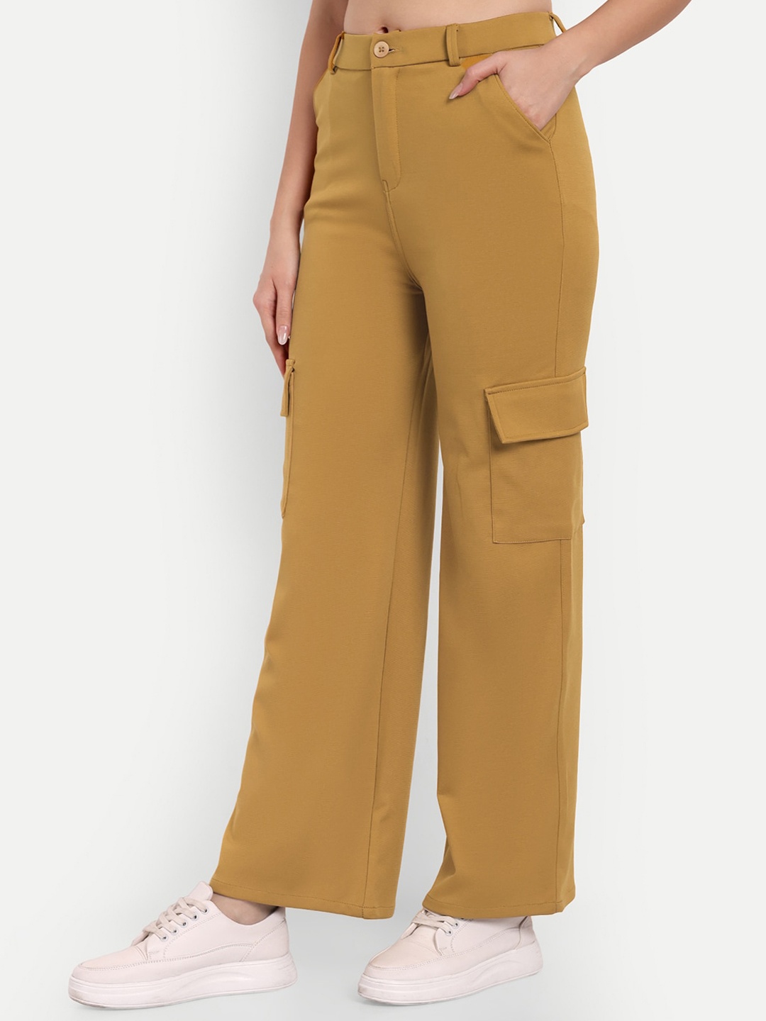 

BROADSTAR Women Smart Straight Fit High-Rise Easy Wash Cargo Trousers, Mustard