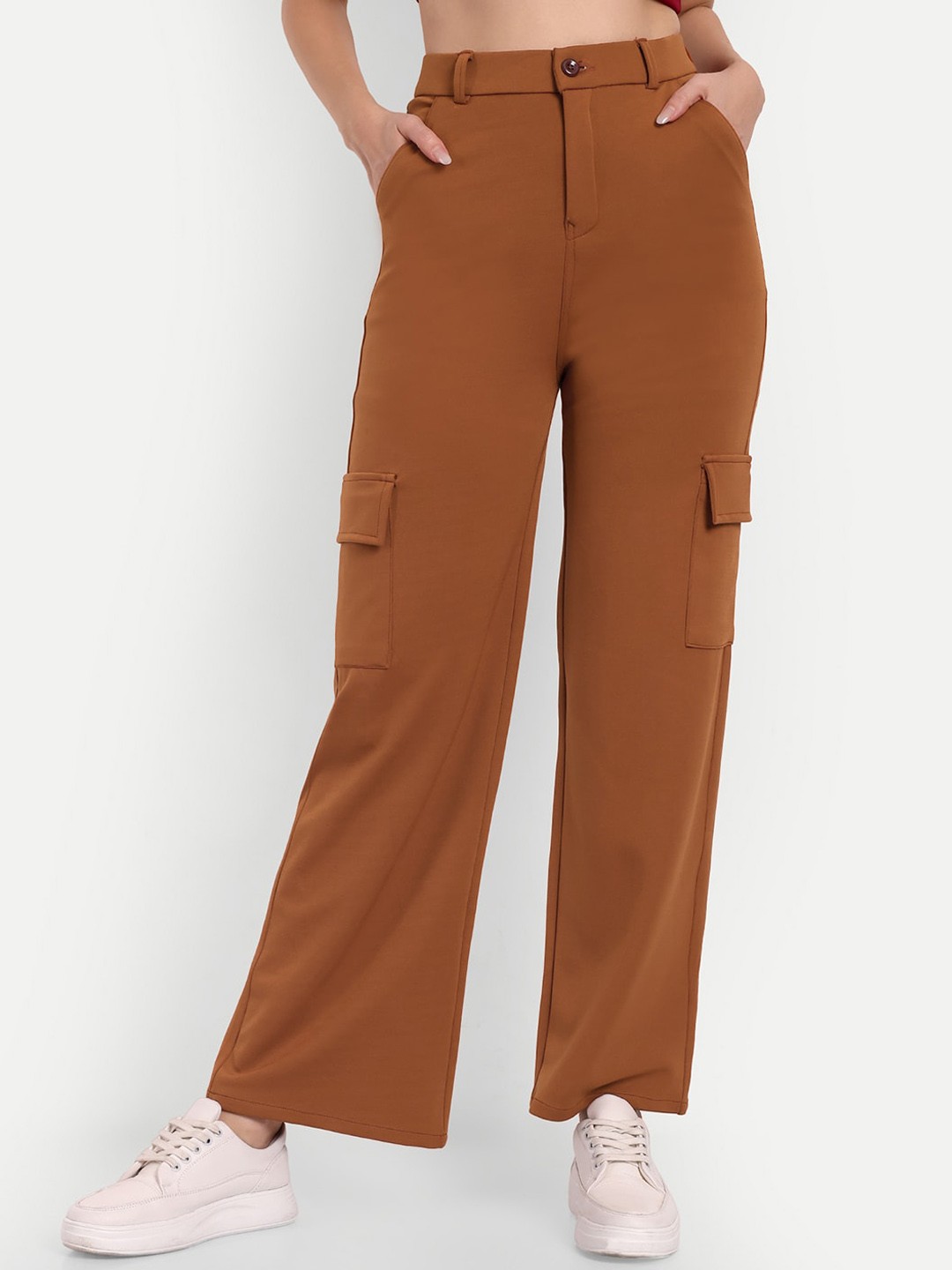 

BROADSTAR Women Smart Straight Fit High-Rise Easy Wash Cargo Trousers, Tan
