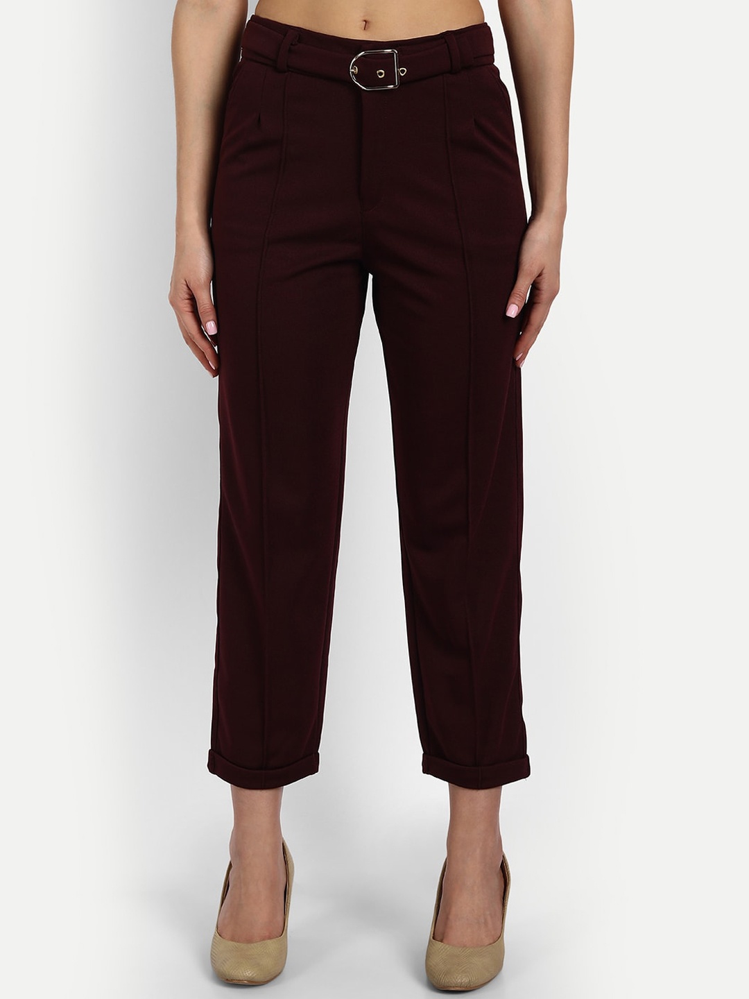 

BROADSTAR Women Relaxed Straight Leg Straight Fit High-Rise Pleated Trousers, Maroon