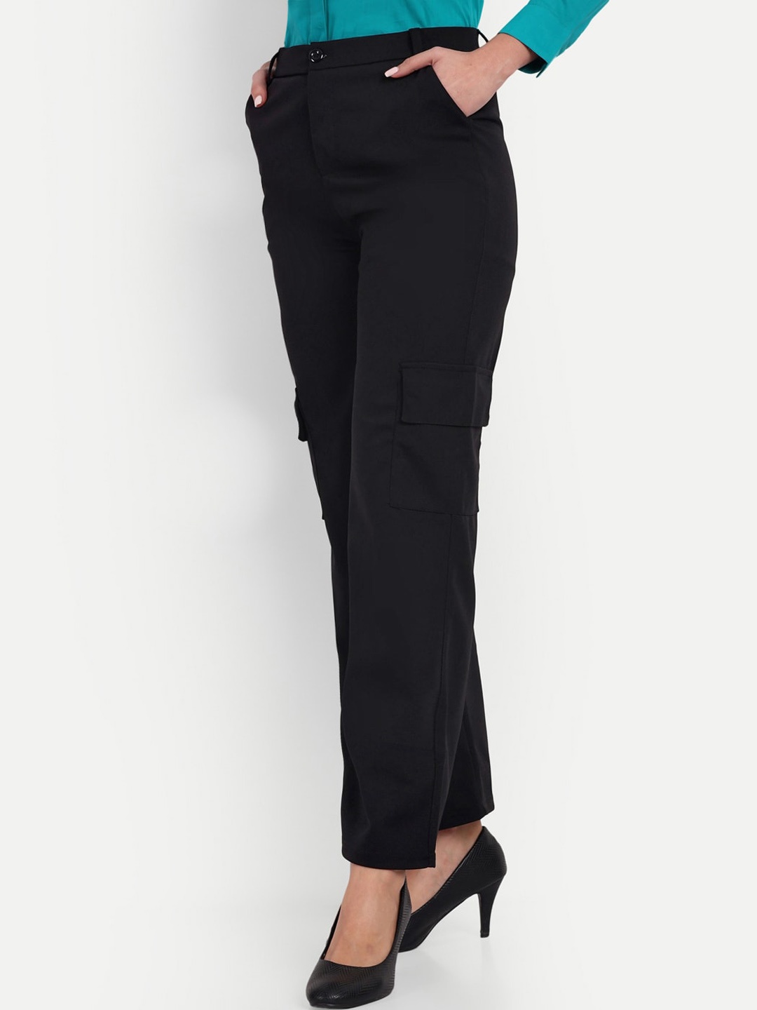

BROADSTAR Women Smart Straight Fit High-Rise Cargos Trousers, Black