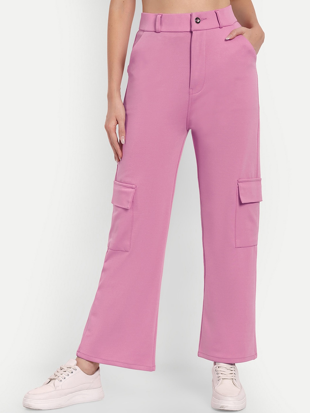 

BROADSTAR Women Smart High-Rise Easy Knitted Wash Straight Fit Cargos Trousers, Pink