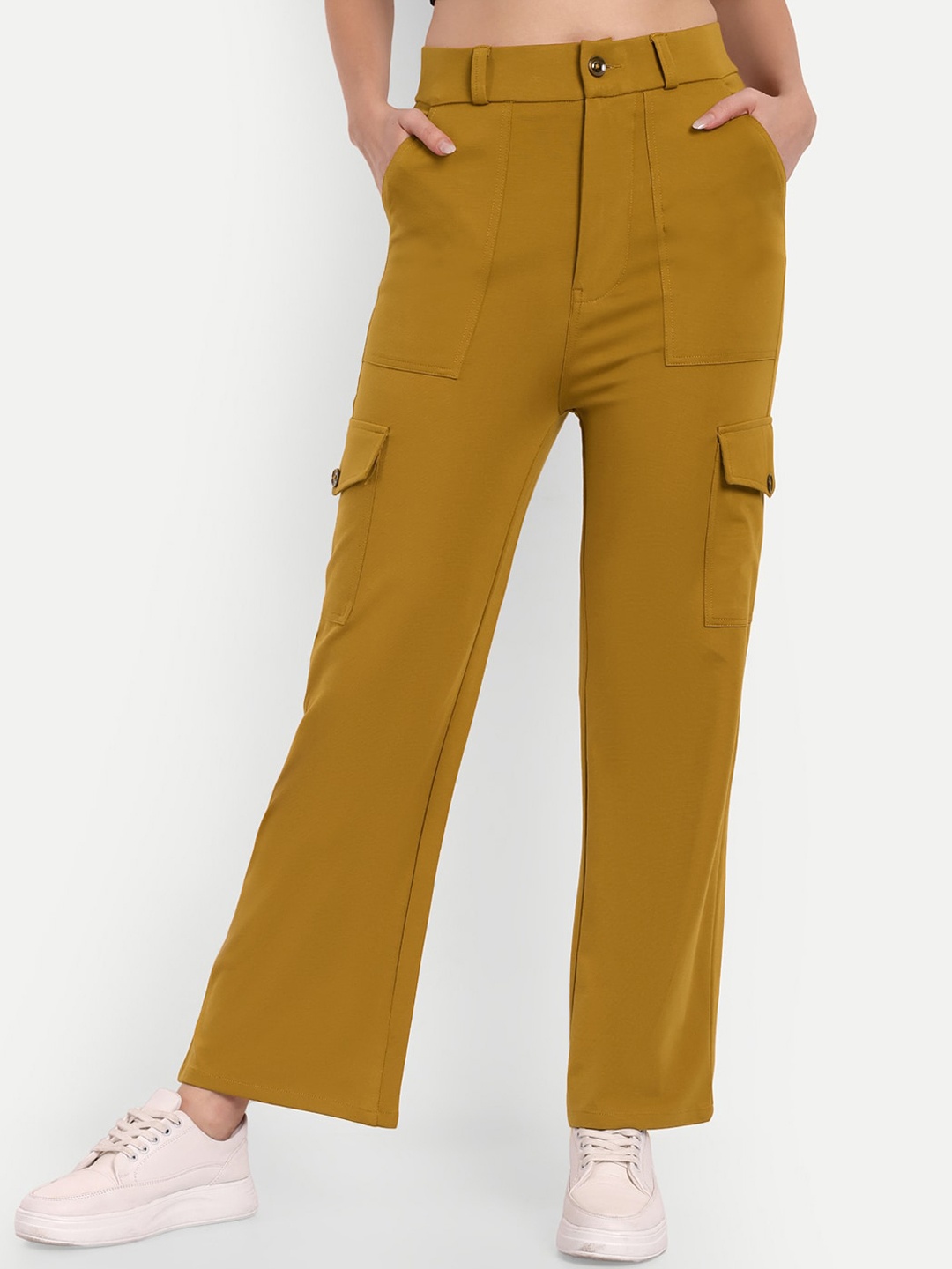 

BROADSTAR Women Smart Straight Fit High-Rise Easy Wash Cargos Trousers, Mustard