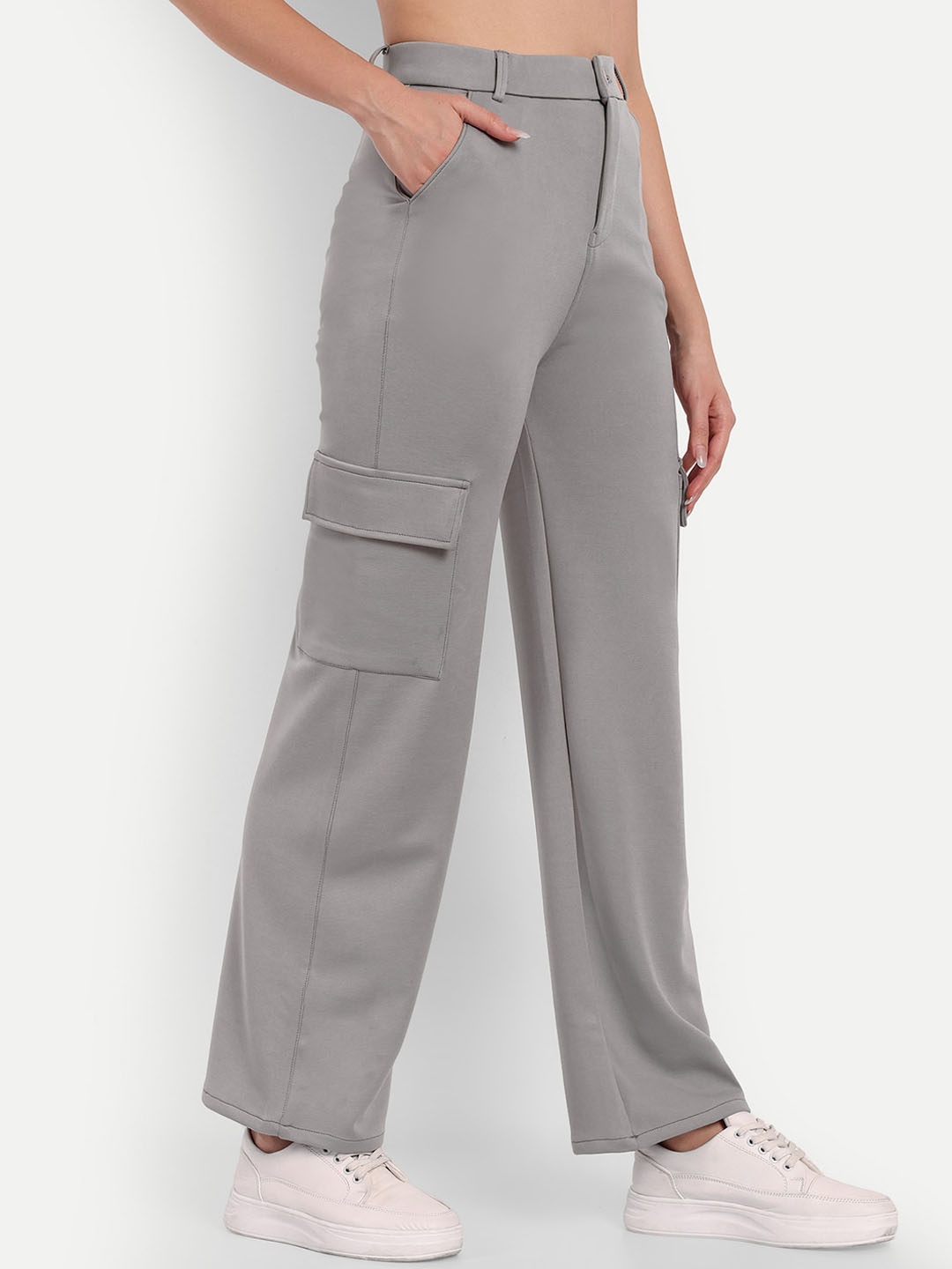 

BROADSTAR Women High-Rise Smart Straight Fit Cargo Trousers, Grey
