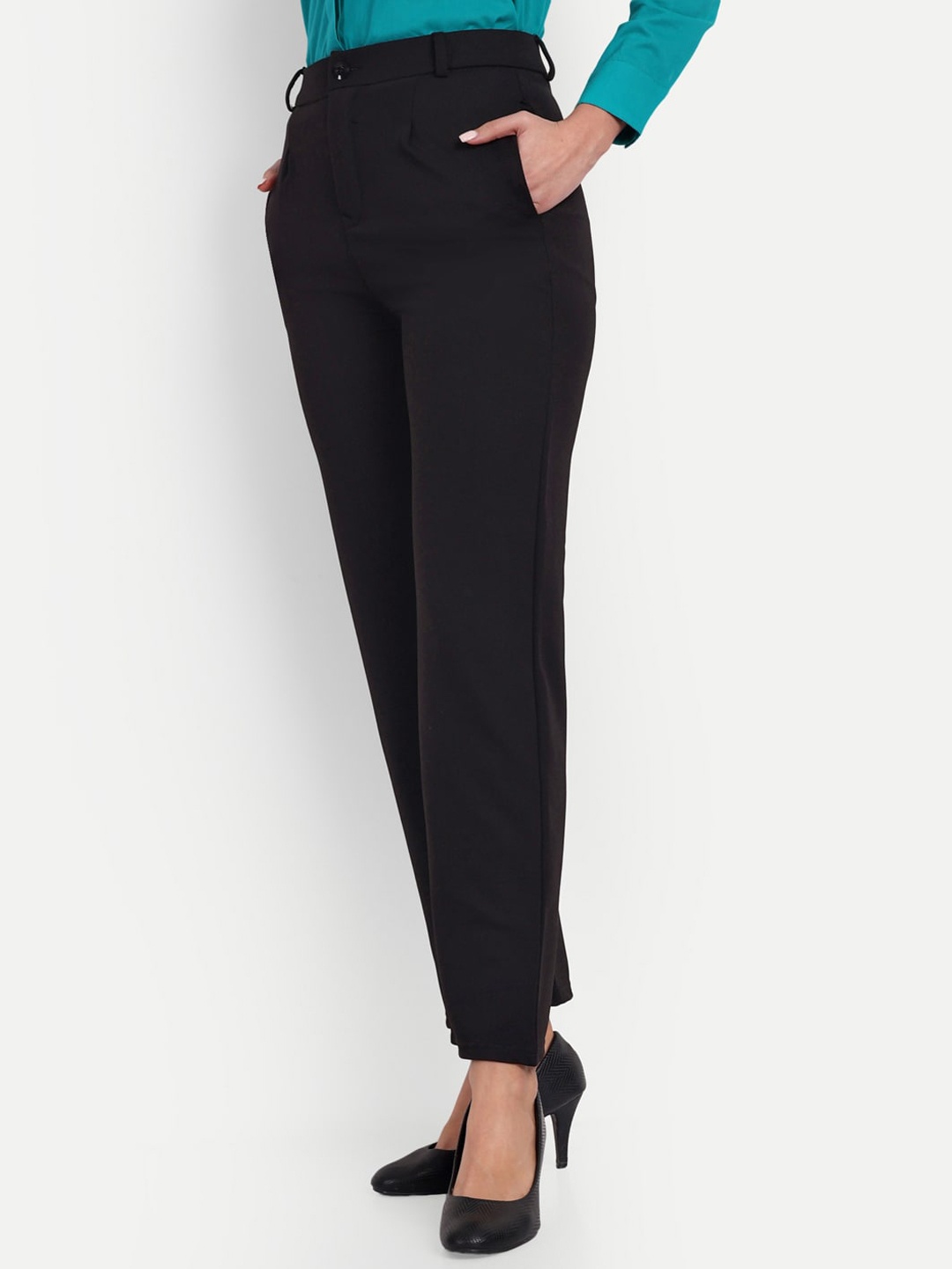 

BROADSTAR Women Classic Straight Fit High-Rise Easy Wash Trousers, Black