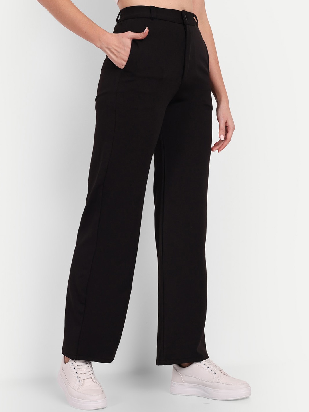 

BROADSTAR Women Straight Fit High-Rise Easy Wash Trousers, Black