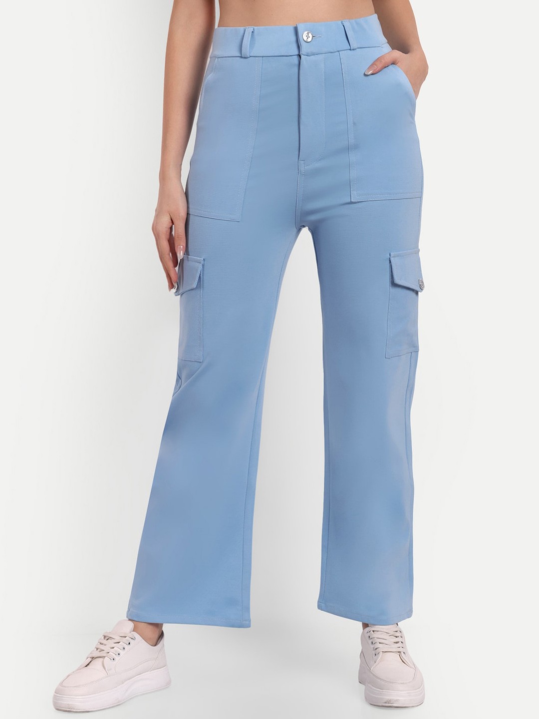 

BROADSTAR Women Smart Straight Fit High-Rise Easy Wash Cargos Trousers, Blue