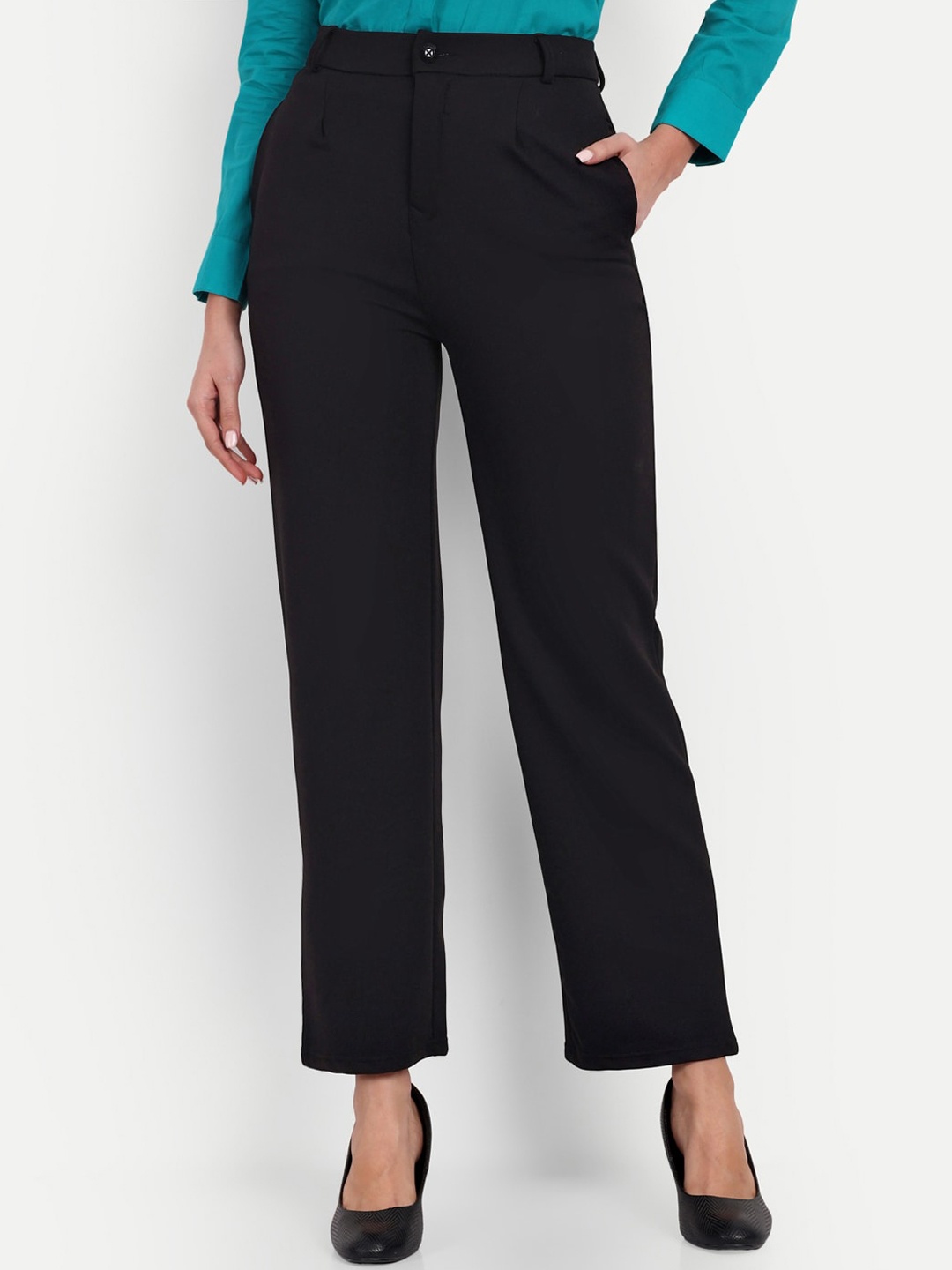 

BROADSTAR Women Tailored Straight Fit High-Rise Easy Wash Formal Trousers, Black