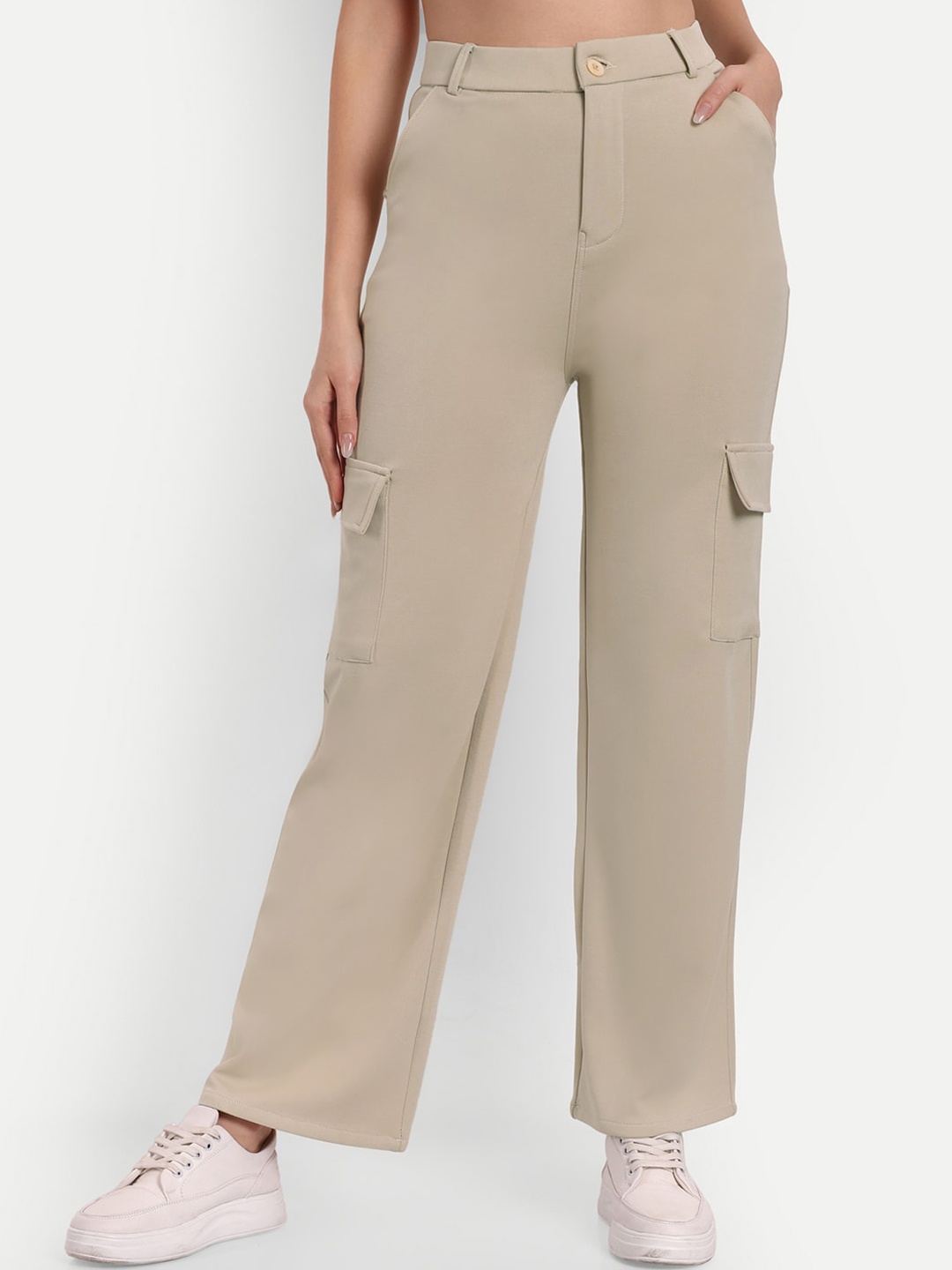 

BROADSTAR Women Smart Straight Fit High-Rise Easy Wash Cargo Trousers, Cream