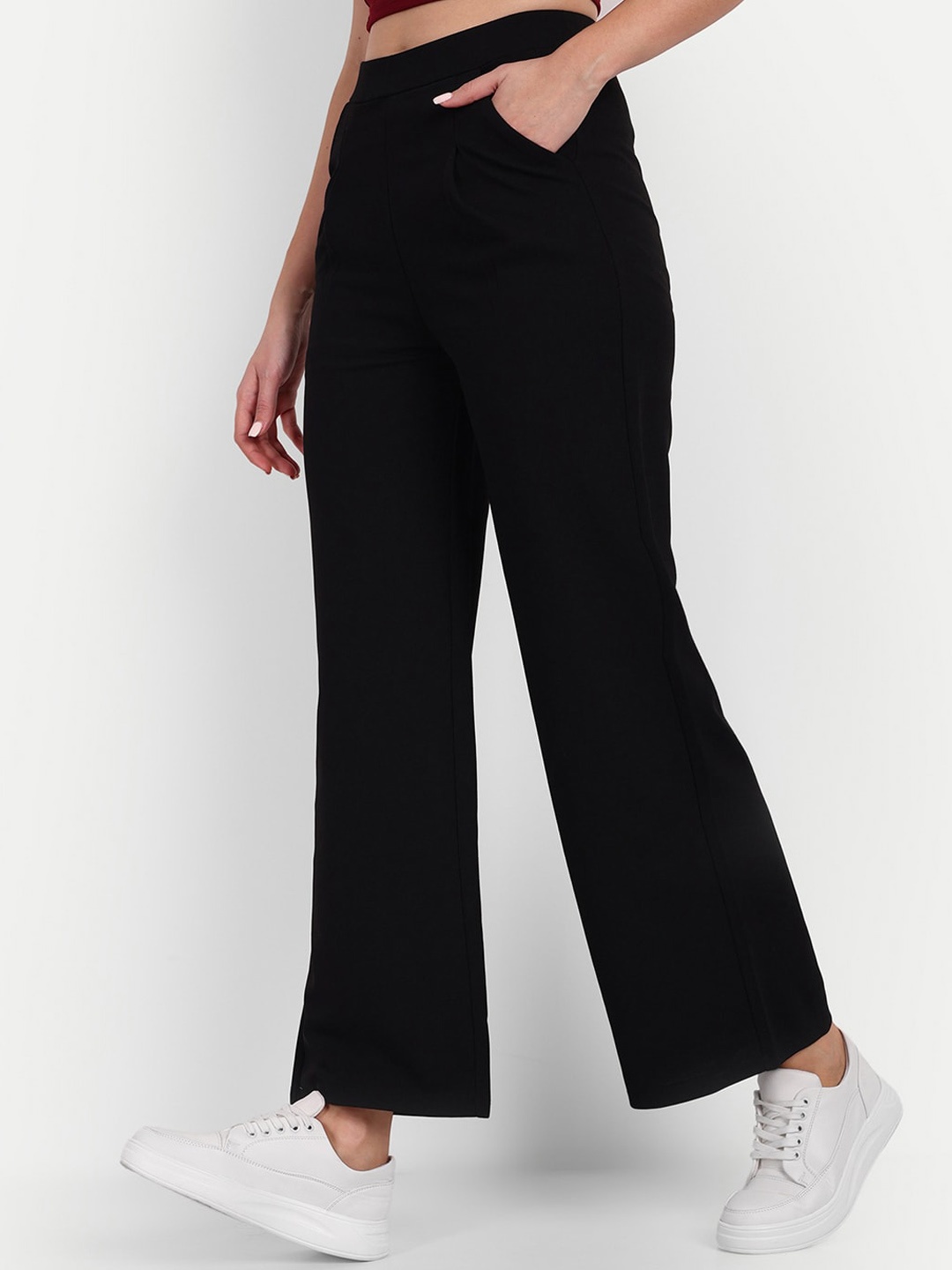 

BROADSTAR Women Tailored Wide Leg High-Rise Easy Wash Trousers, Black