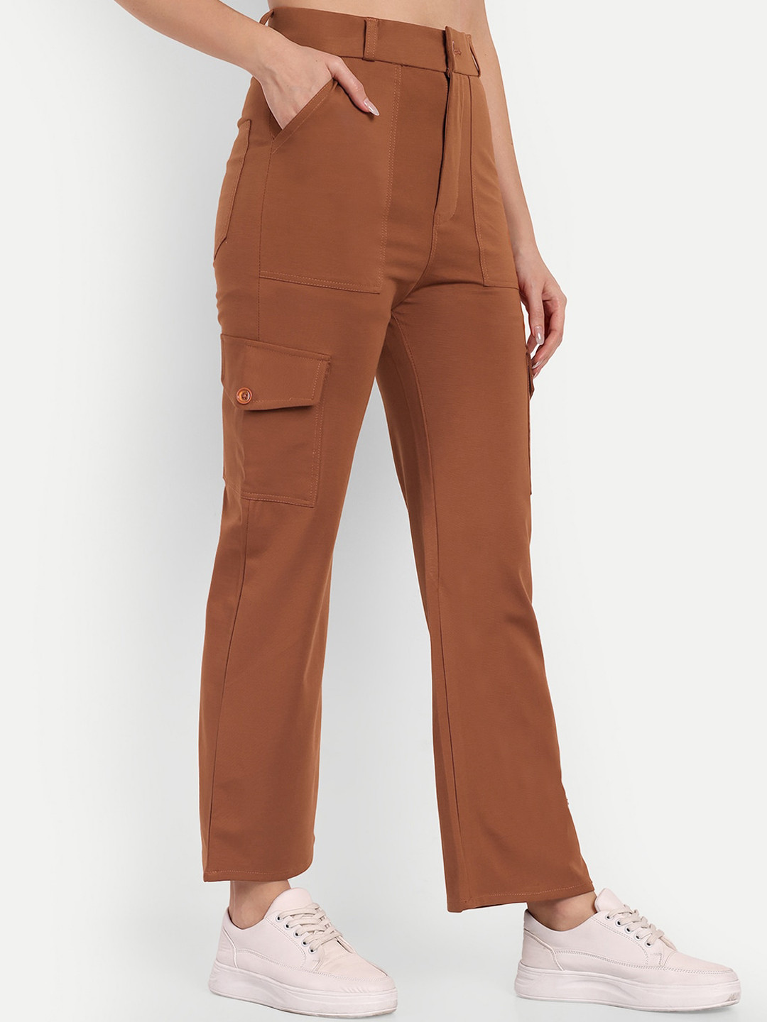 

BROADSTAR Women Smart Straight Fit High-Rise Easy Wash Cargo Trousers, Tan
