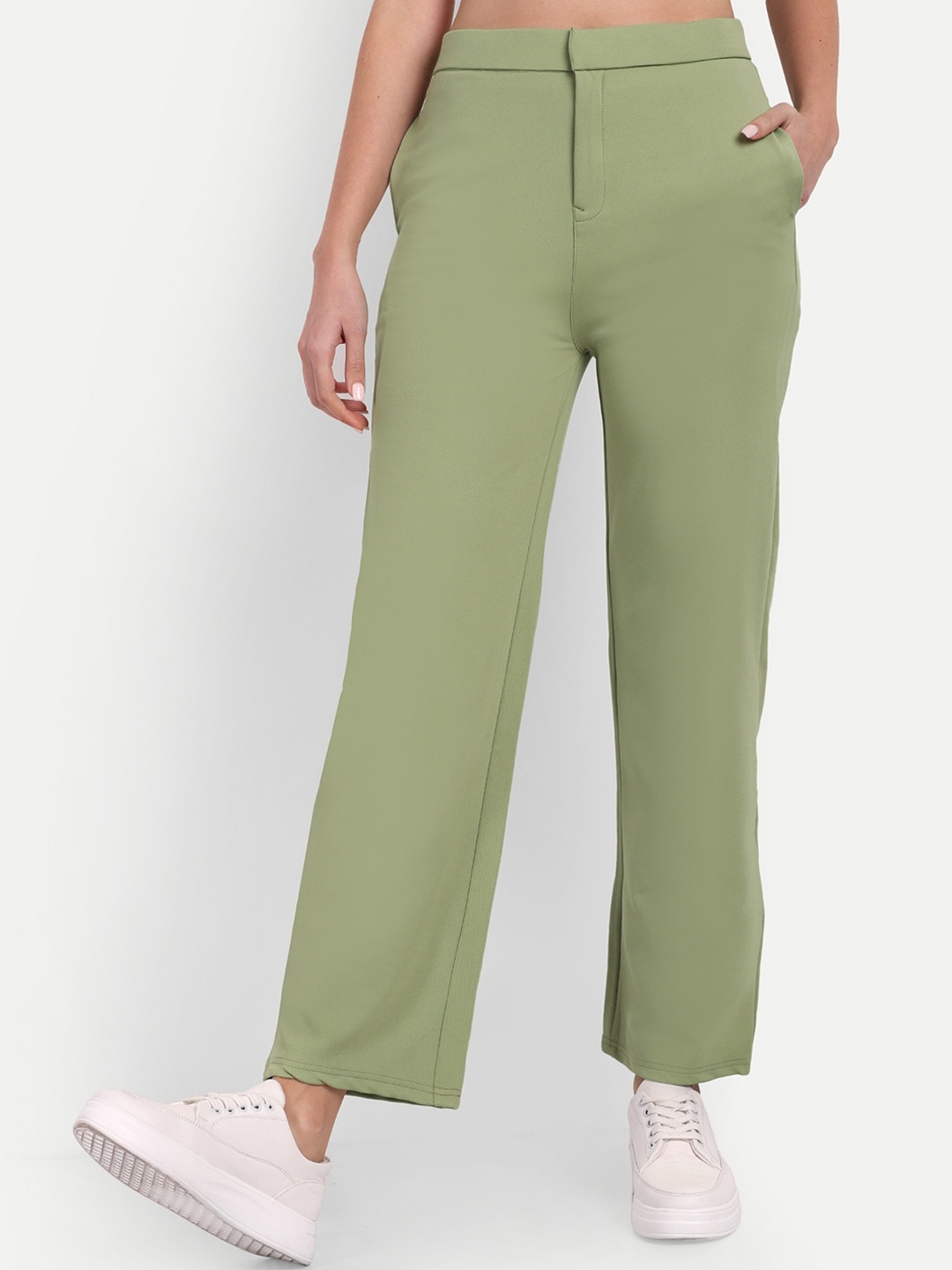 

BROADSTAR Women Relaxed Straight Leg Straight Fit High-Rise Easy Wash Trousers, Green