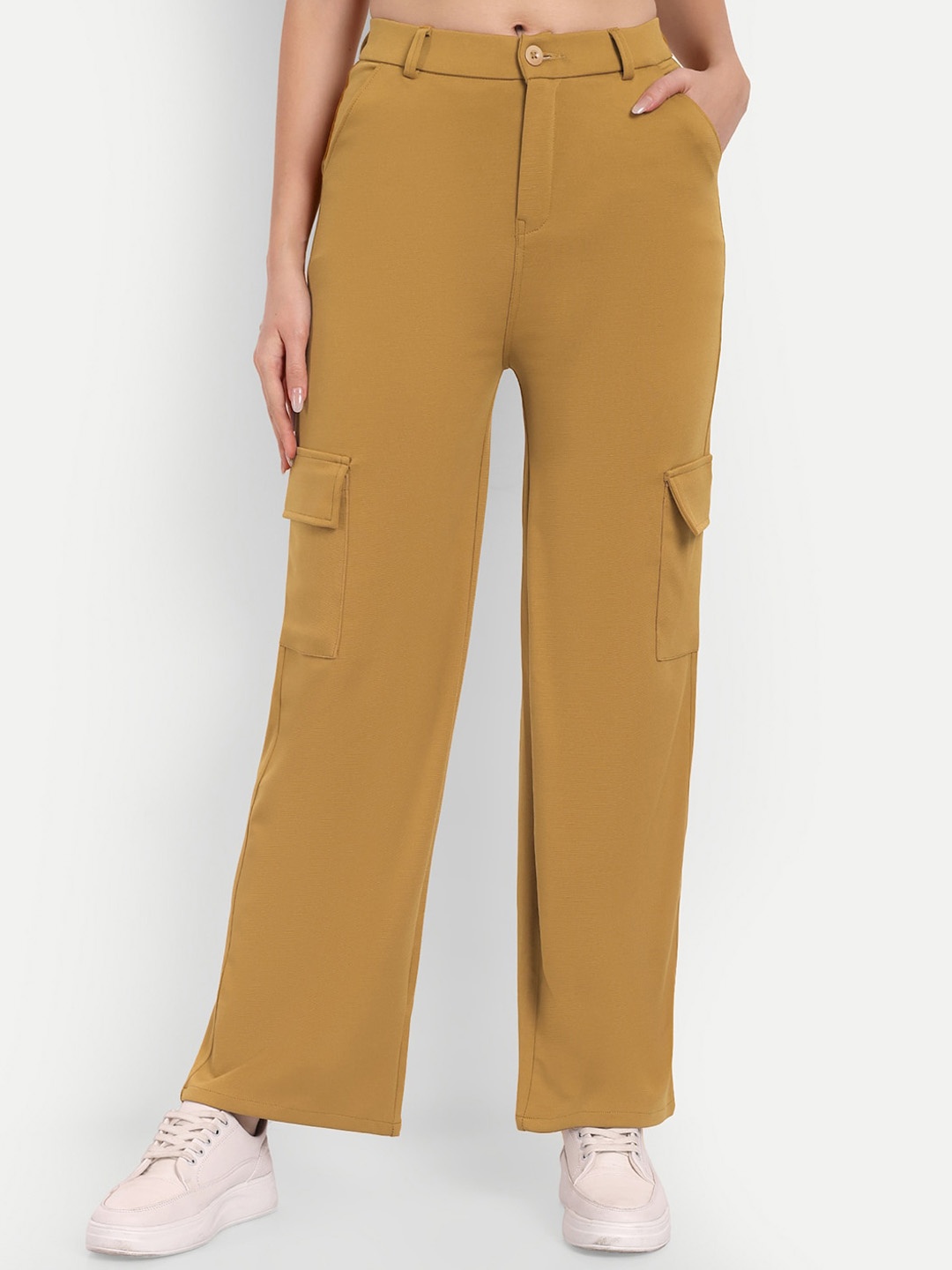 

BROADSTAR Women Smart Straight Fit High-Rise Cargo Trousers, Mustard