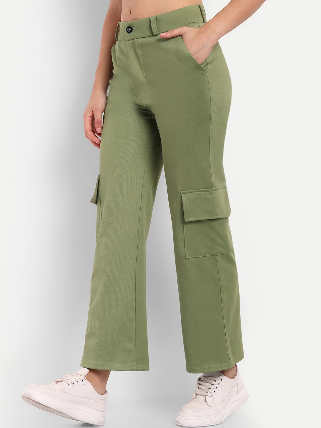 

BROADSTAR Women Relaxed Straight Leg Loose Fit High-Rise Cargos Trousers, Green