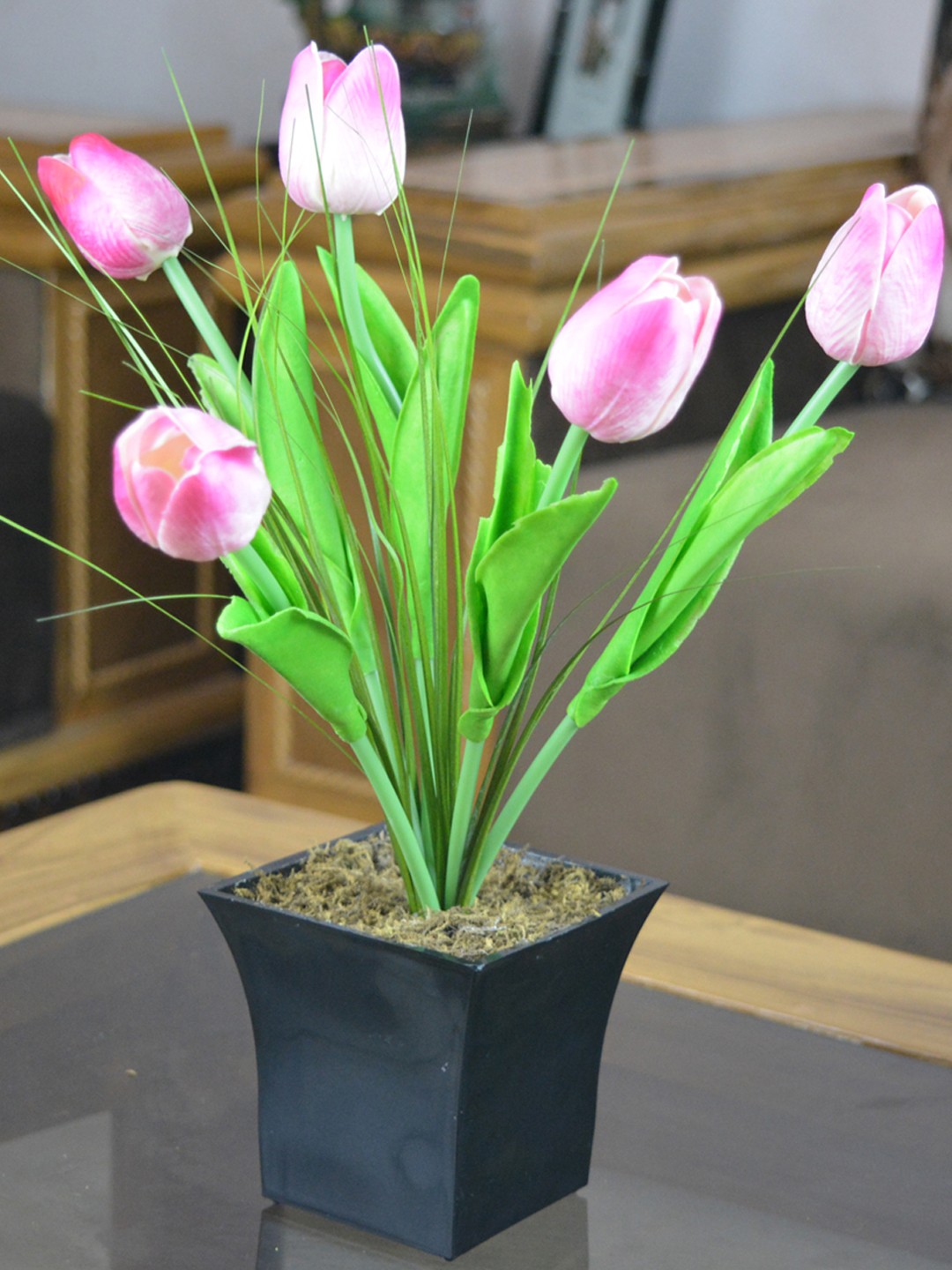 

fancy mart Green & Pink Artificial Tulip Flower with Pot
