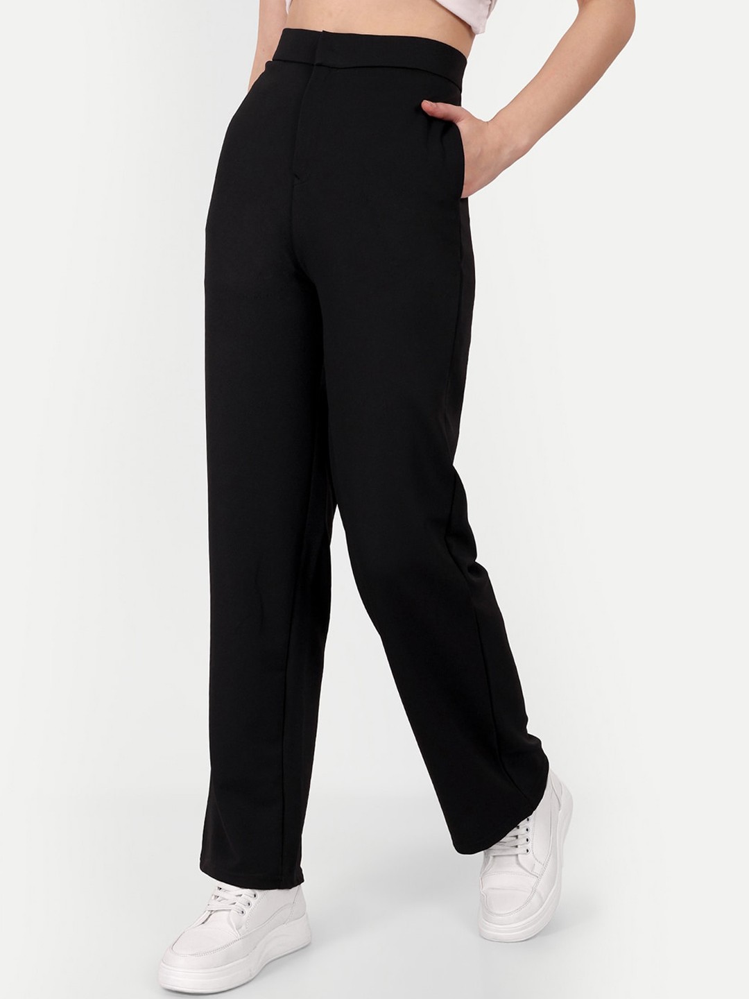 

BROADSTAR Women Smart Straight Fit High-Rise Easy Wash Trousers, Black