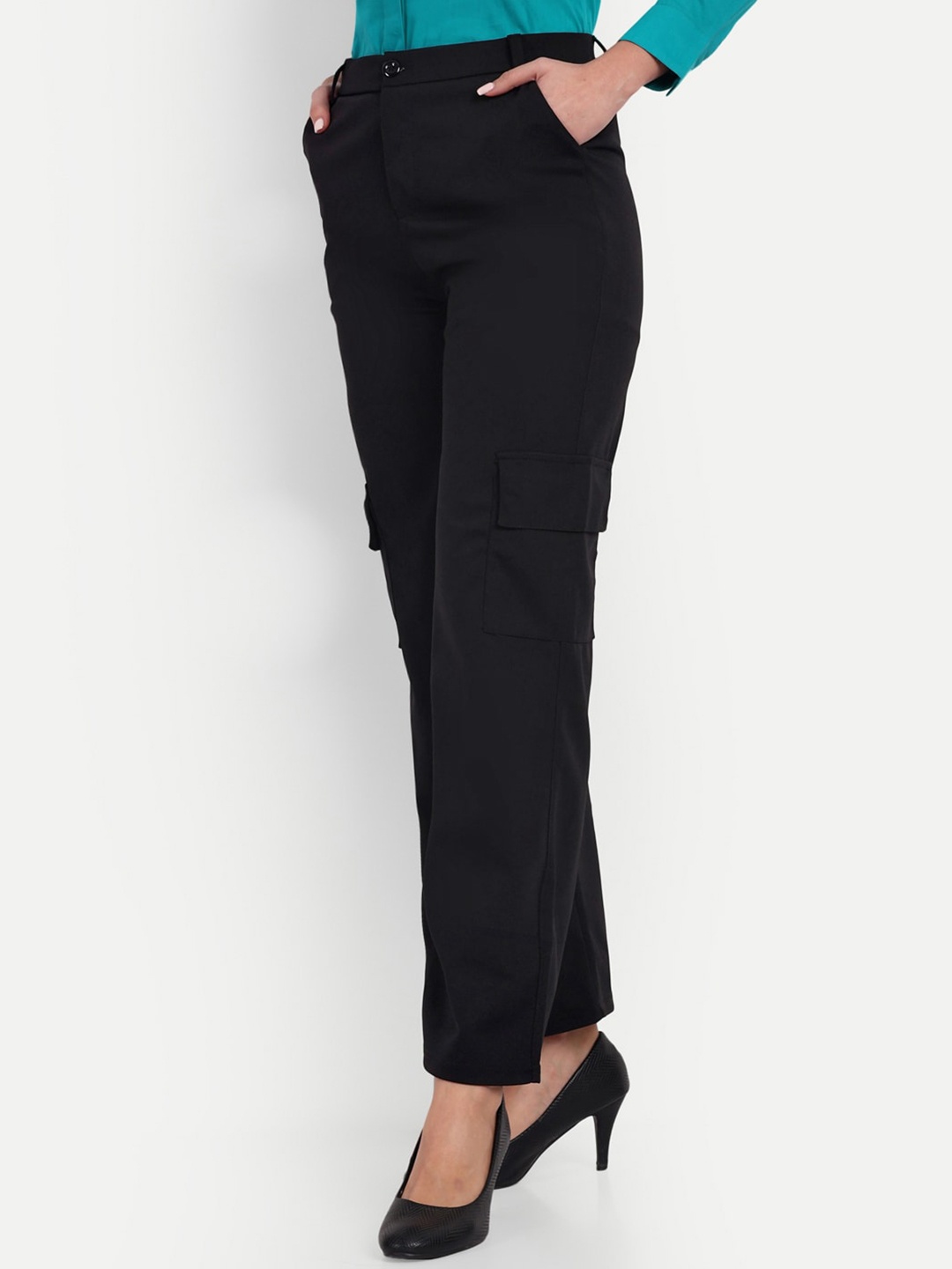 

BROADSTAR Women Relaxed Loose Fit High-Rise Easy Wash Cargo Trousers, Black