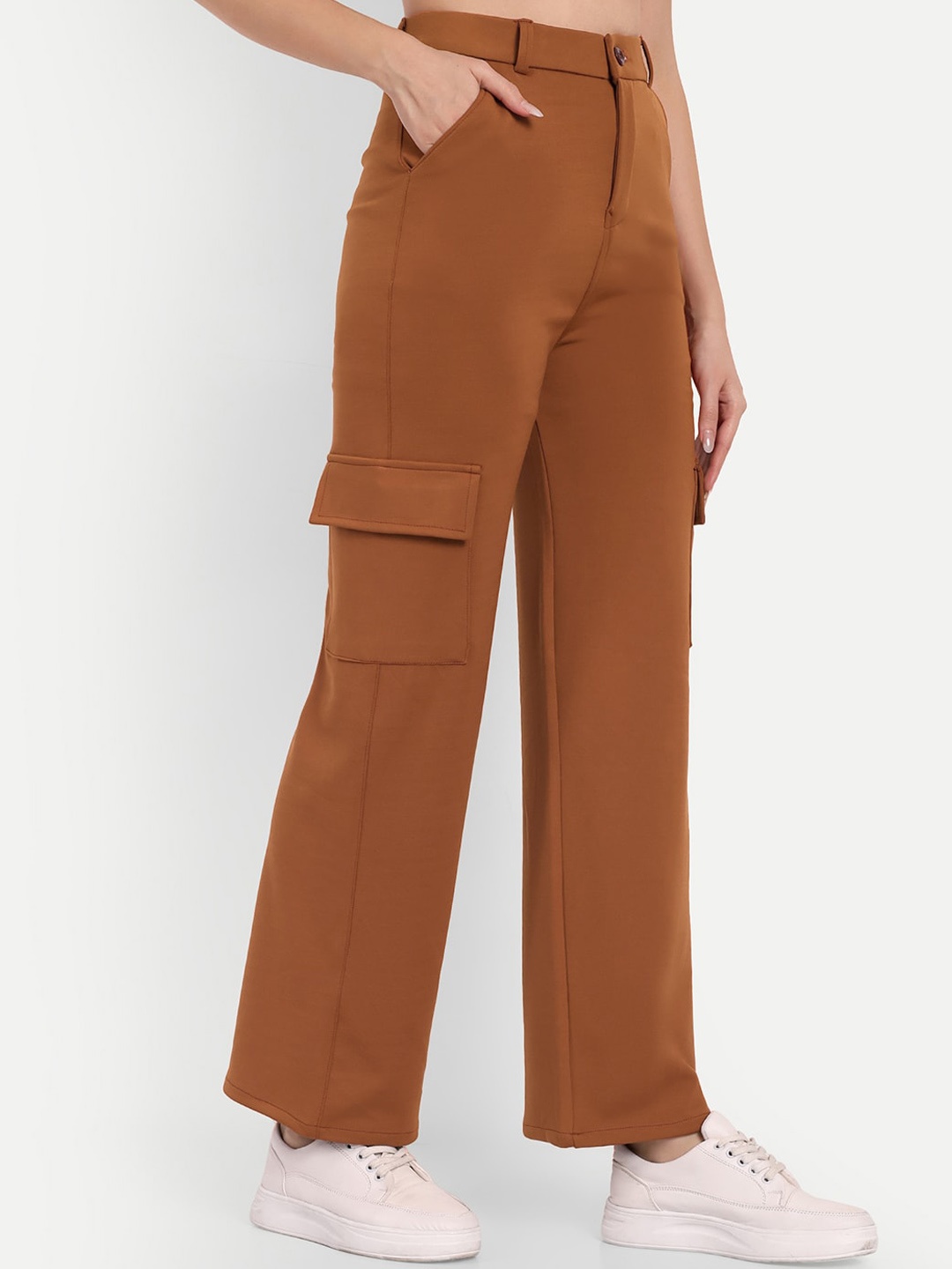 

BROADSTAR Women Smart Straight Fit High-Rise Easy Wash Cargo Trousers, Tan