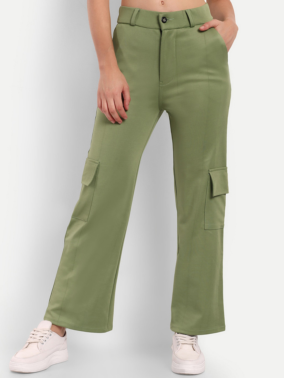 

BROADSTAR Women Smart Straight Fit High-Rise Easy Wash Cargo Trousers, Green