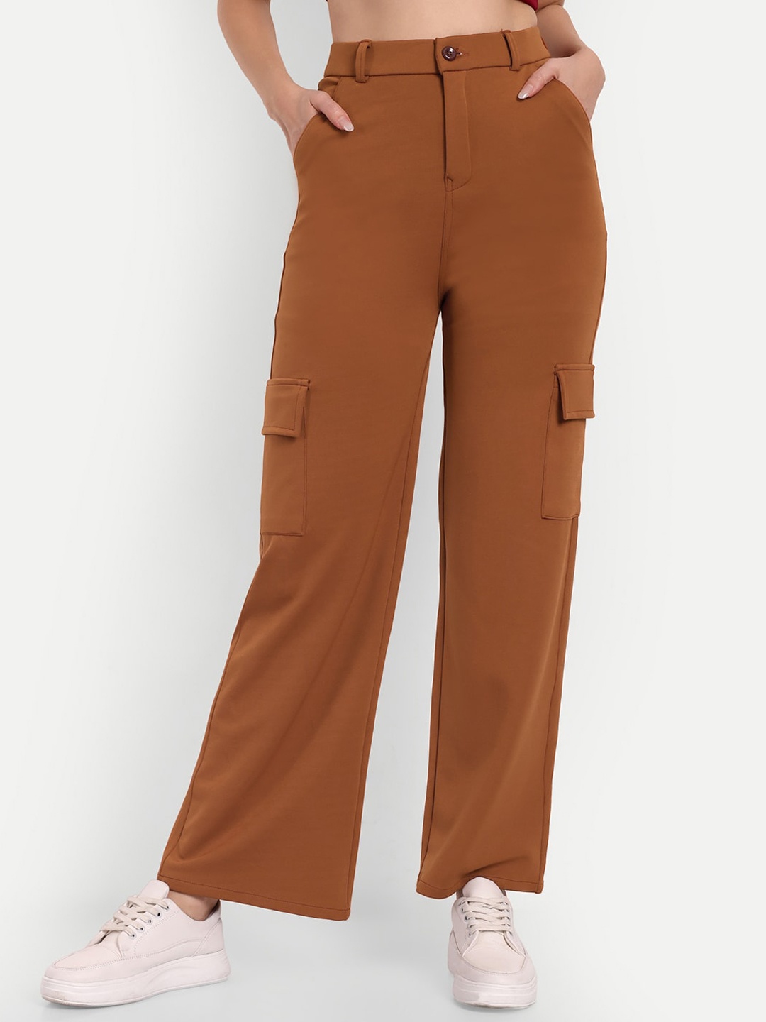 

BROADSTAR Women Smart Straight Fit High-Rise Easy Wash Cargo Trousers, Tan