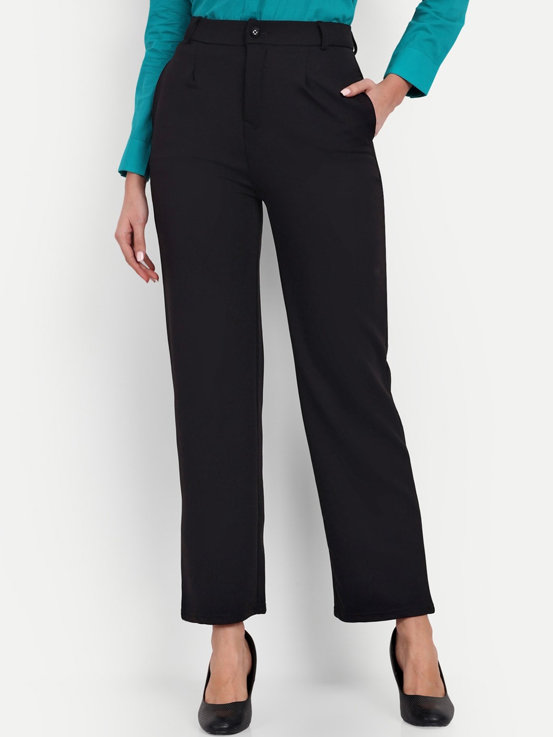 

BROADSTAR Women Tailored Straight Fit High-Rise Easy Wash Formal Trousers, Black