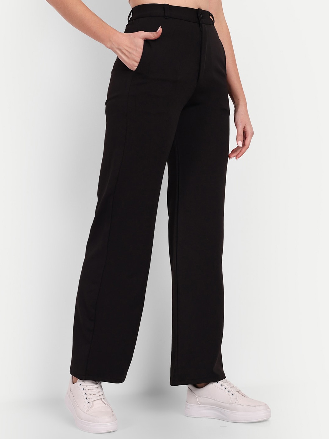 

BROADSTAR Women Smart Loose Fit High-Rise Easy Wash Parallel Trousers, Black