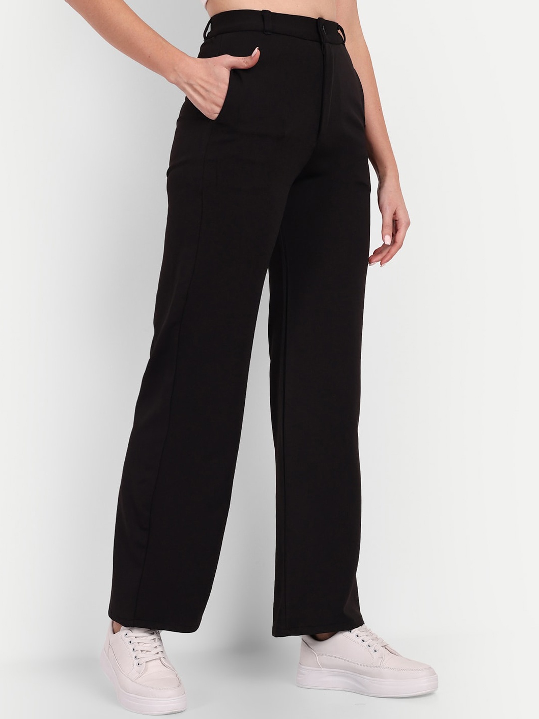 

BROADSTAR Women Straight Fit High-Rise Easy Wash Parallel Trousers, Black