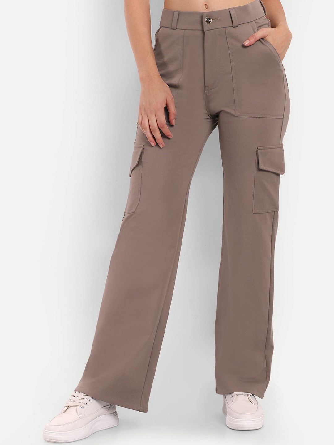 

BROADSTAR Women Relaxed Straight Fit High-Rise Easy Wash Cargos Trousers, Brown