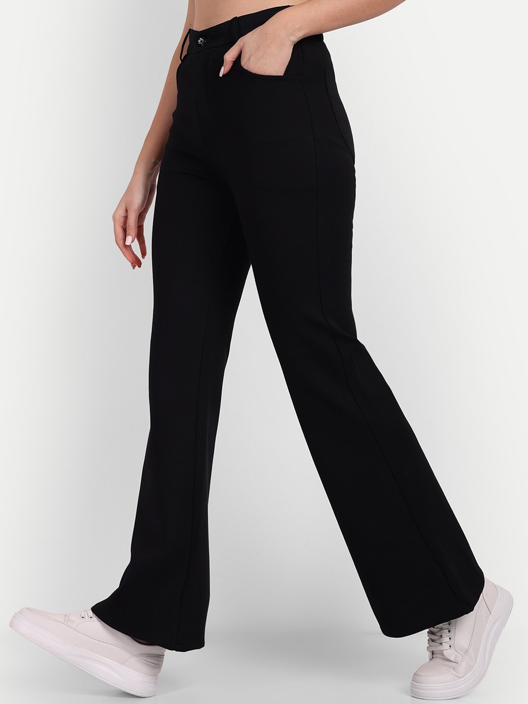 

BROADSTAR Women Smart Flared High-Rise Easy Wash Trousers, Black