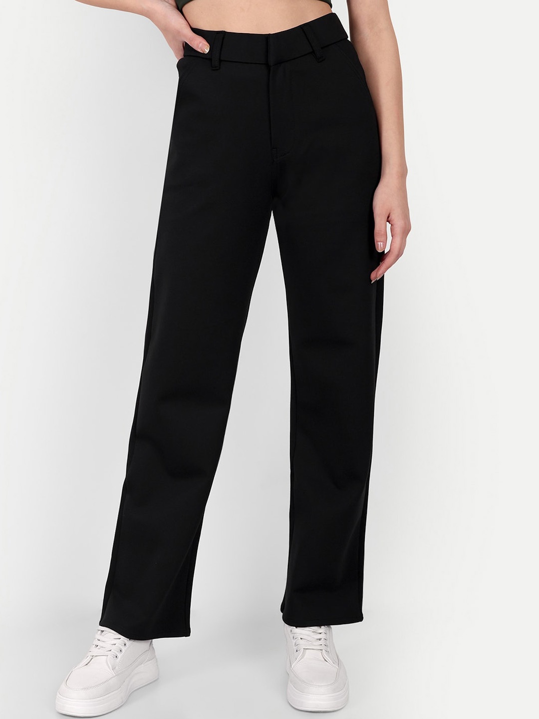 

BROADSTAR Women Relaxed Straight Leg Loose Fit High-Rise Easy Wash Trousers, Black