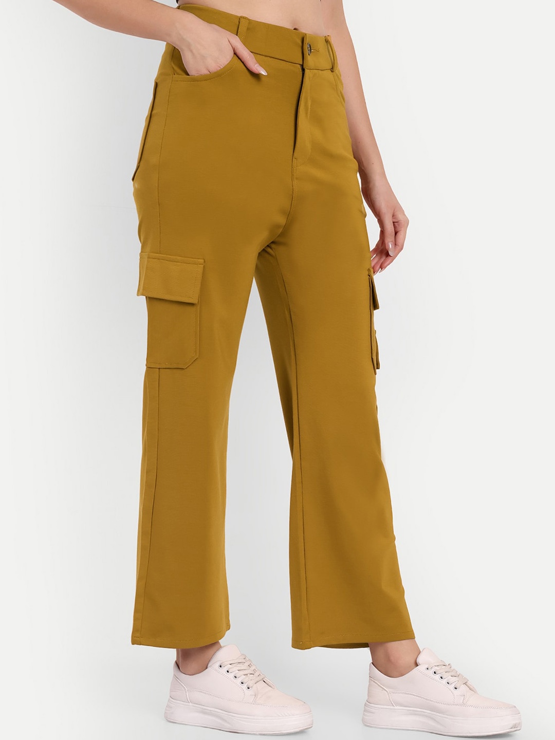 

BROADSTAR Women Smart Straight Fit High-Rise Easy Wash Cargo Trousers, Mustard