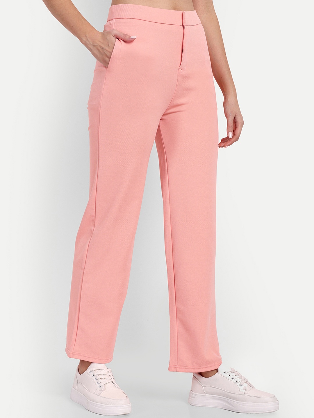 

BROADSTAR Women Relaxed Straight Leg Straight Fit High-Rise Easy Wash Trousers, Pink