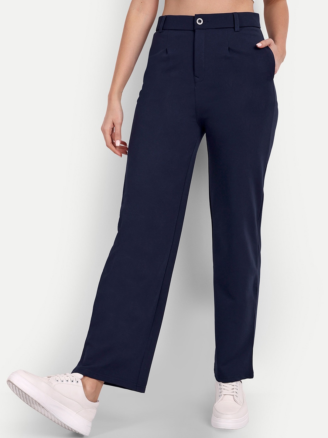 

BROADSTAR Women Tailored Straight Fit High-Rise Trousers, Navy blue