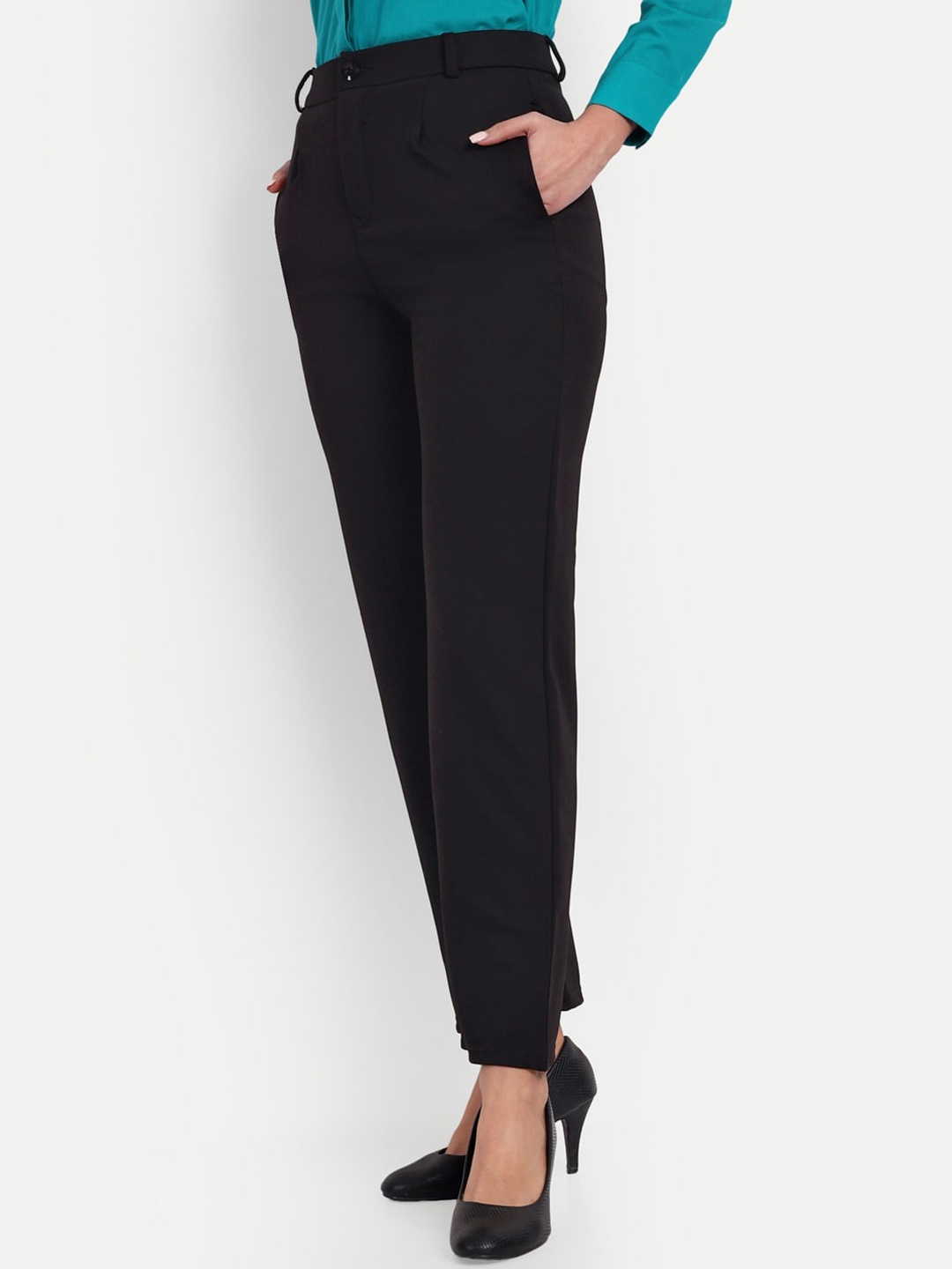

BROADSTAR Women Tailored Straight Fit High-Rise Easy Wash Stretchable Formal Trousers, Black