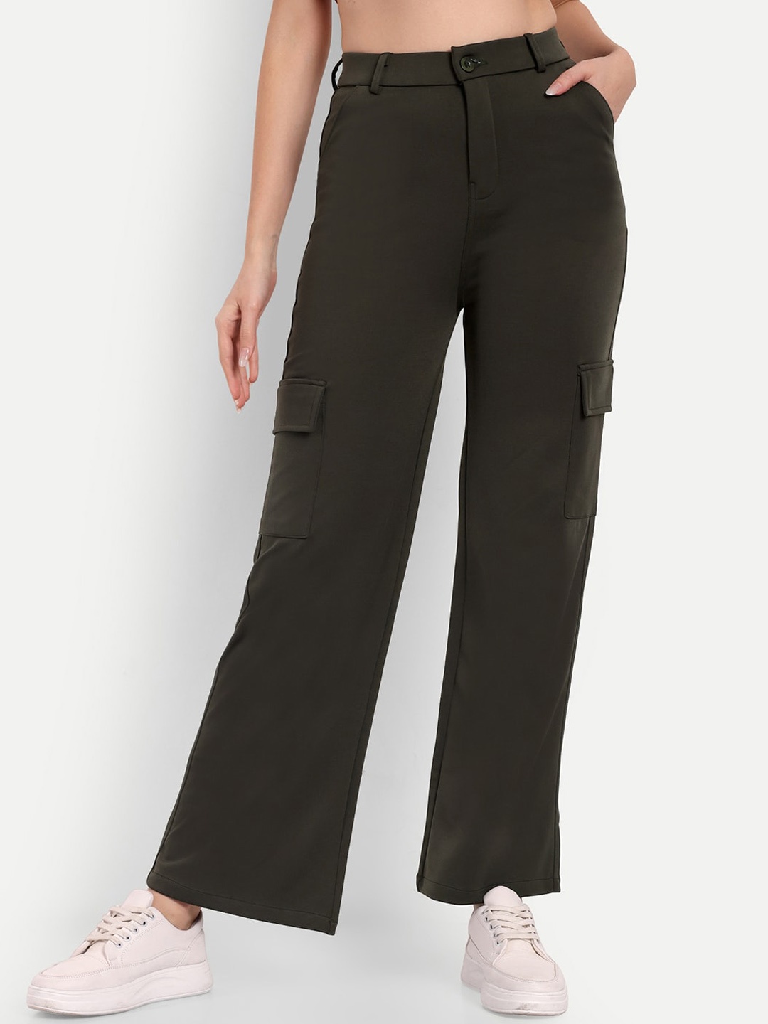 

BROADSTAR Women Smart Straight Fit High-Rise Easy Wash Cargos Trousers, Olive