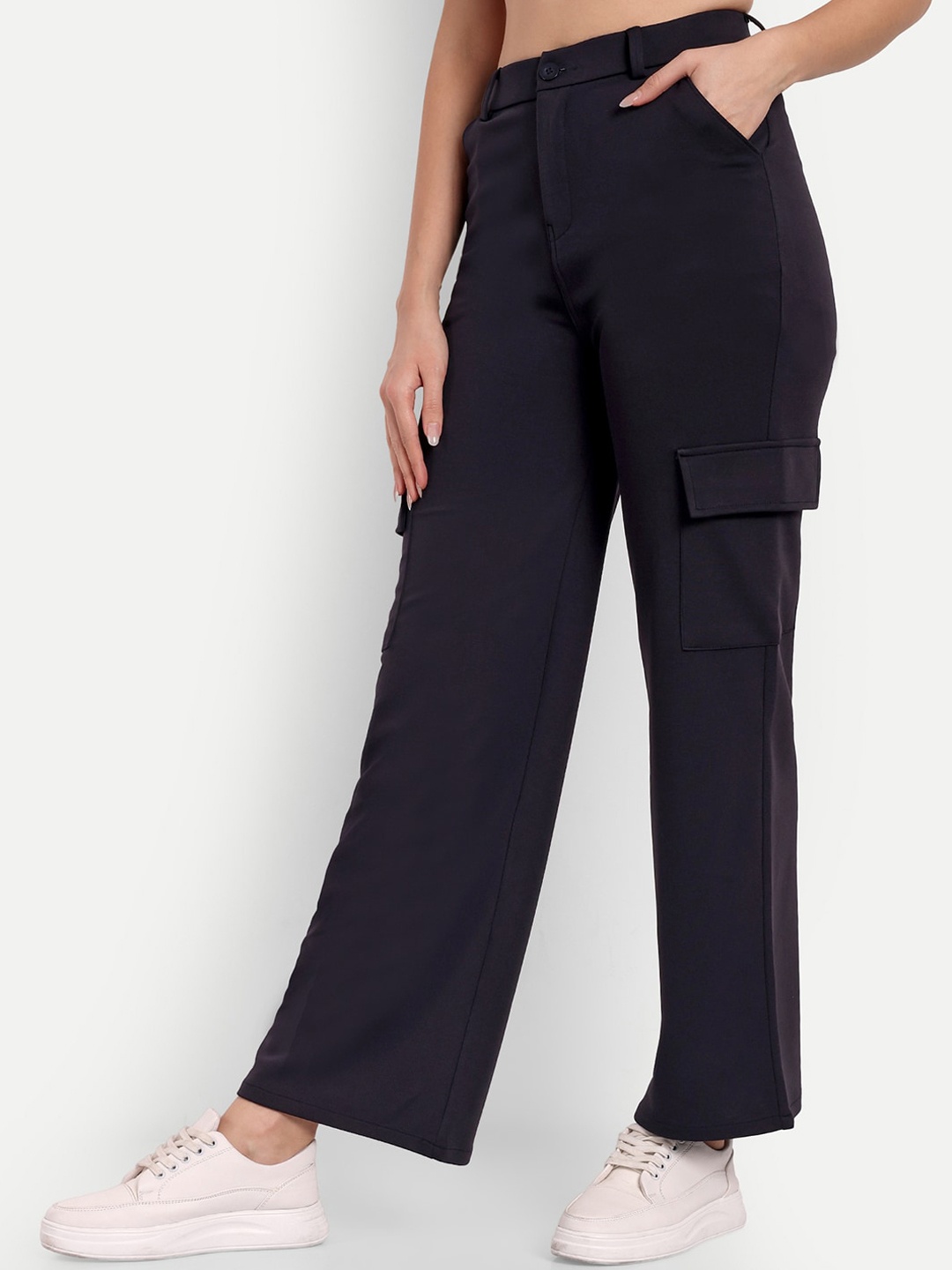 

BROADSTAR Women High-Rise Smart Straight Fit Cargo Trousers, Navy blue