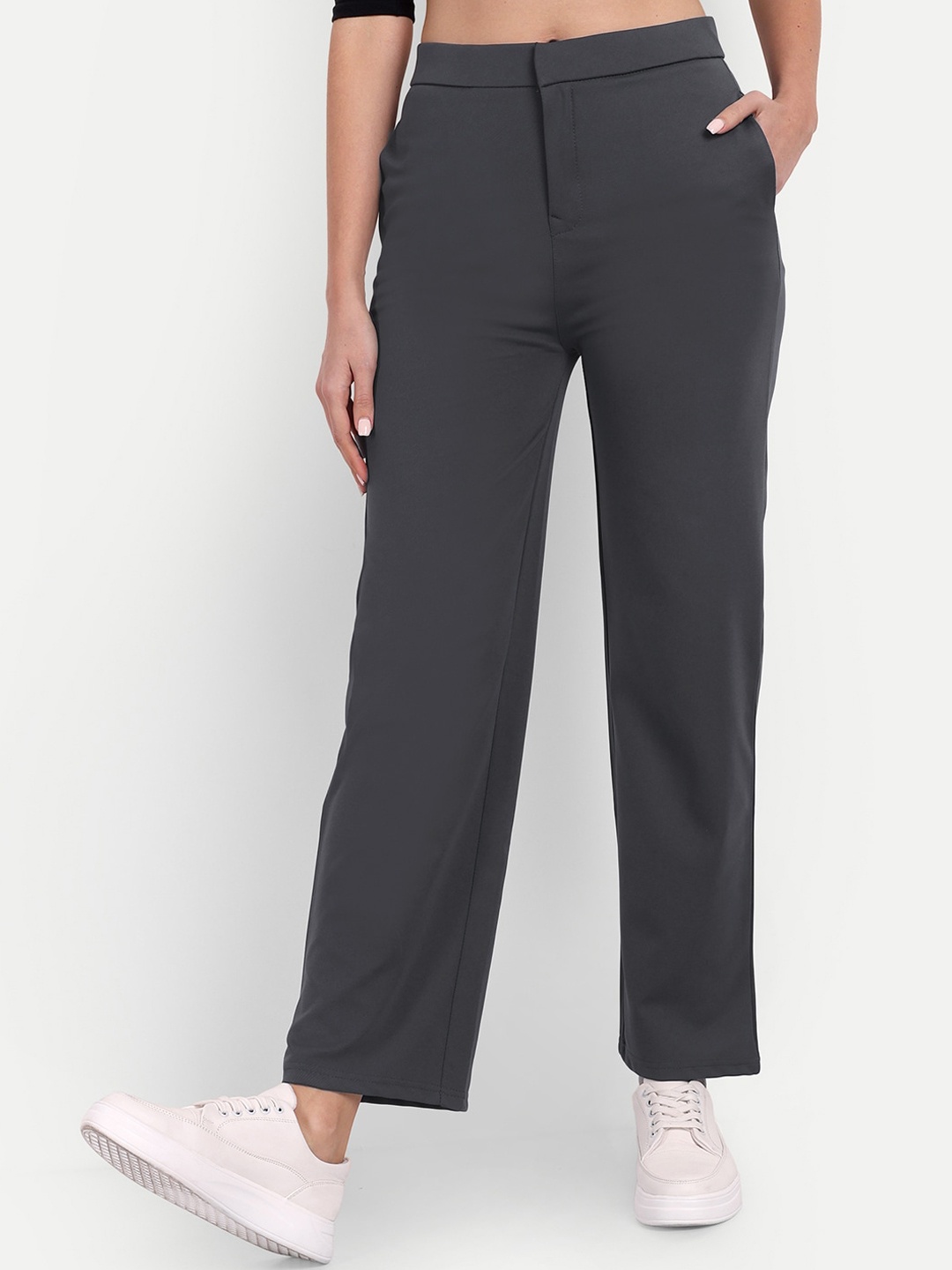 

BROADSTAR Women Relaxed Straight Leg Straight Fit High-Rise Easy Wash Trousers, Grey