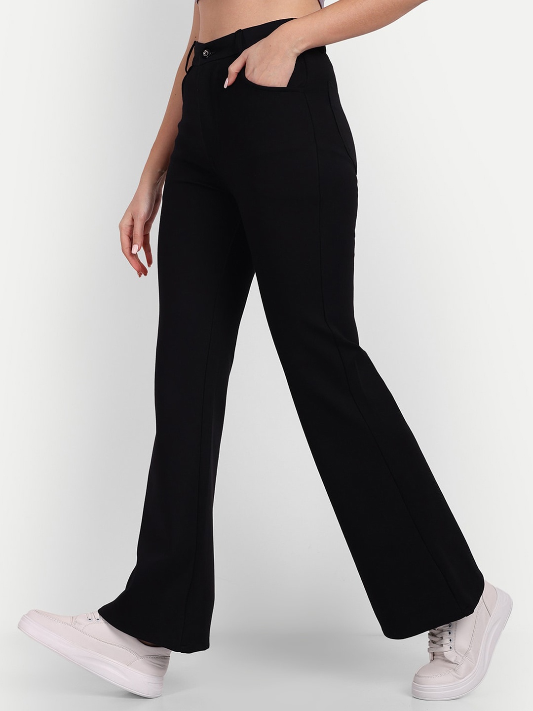 

BROADSTAR Women Smart Flared High-Rise Easy Wash Bootcut Trousers, Black