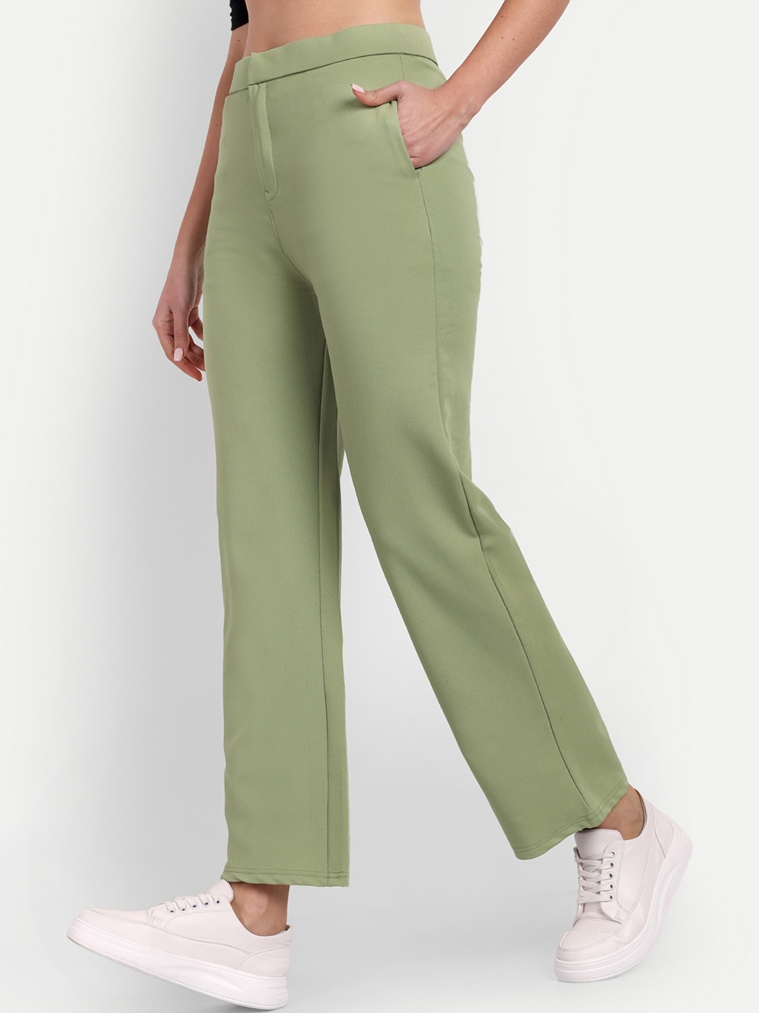 

BROADSTAR Women Relaxed Straight Leg Straight Fit High-Rise Easy Wash Stretchable Trousers, Green