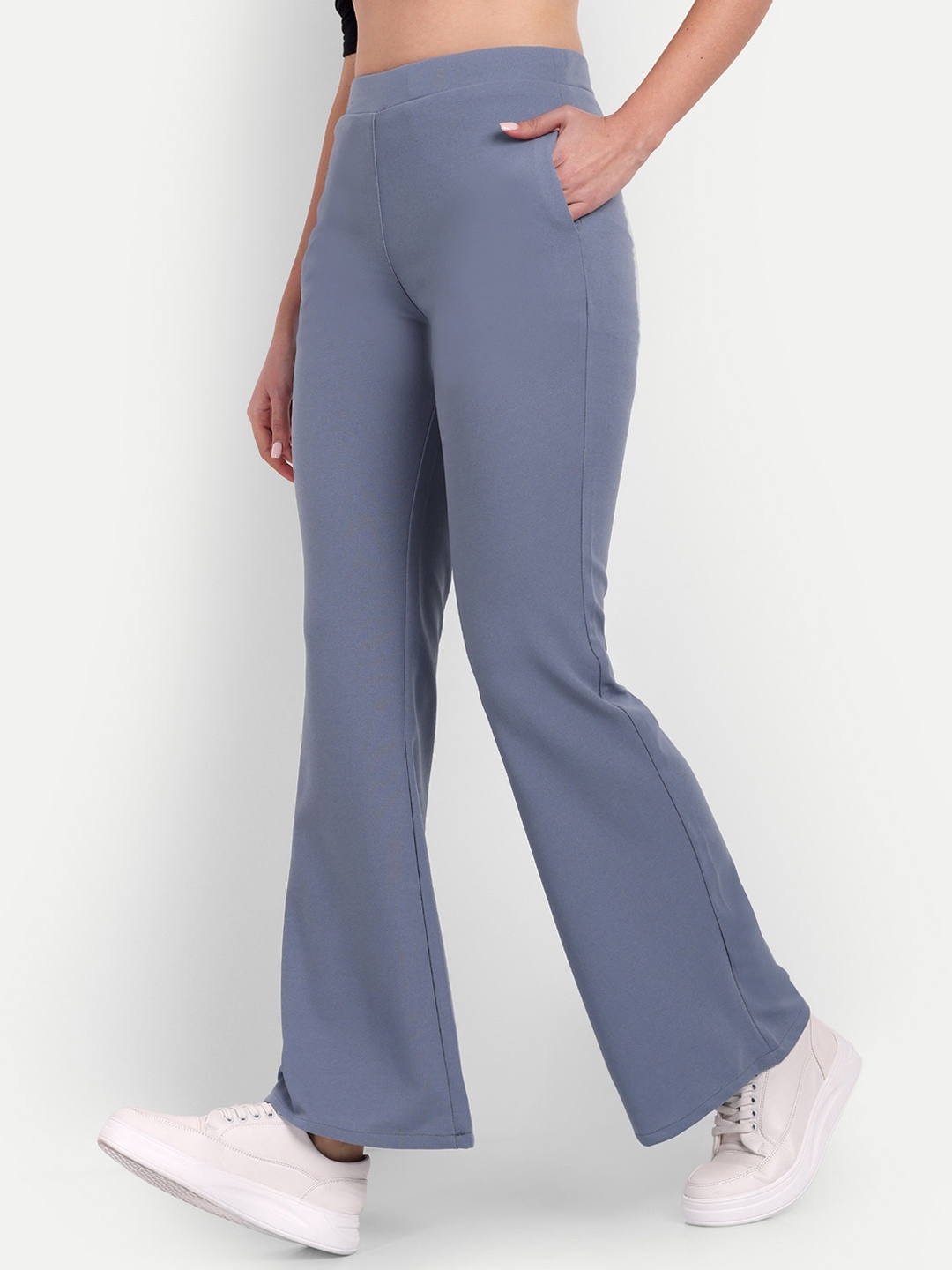 

BROADSTAR Women High-Rise Relaxed Flared Bootcut Trousers, Grey