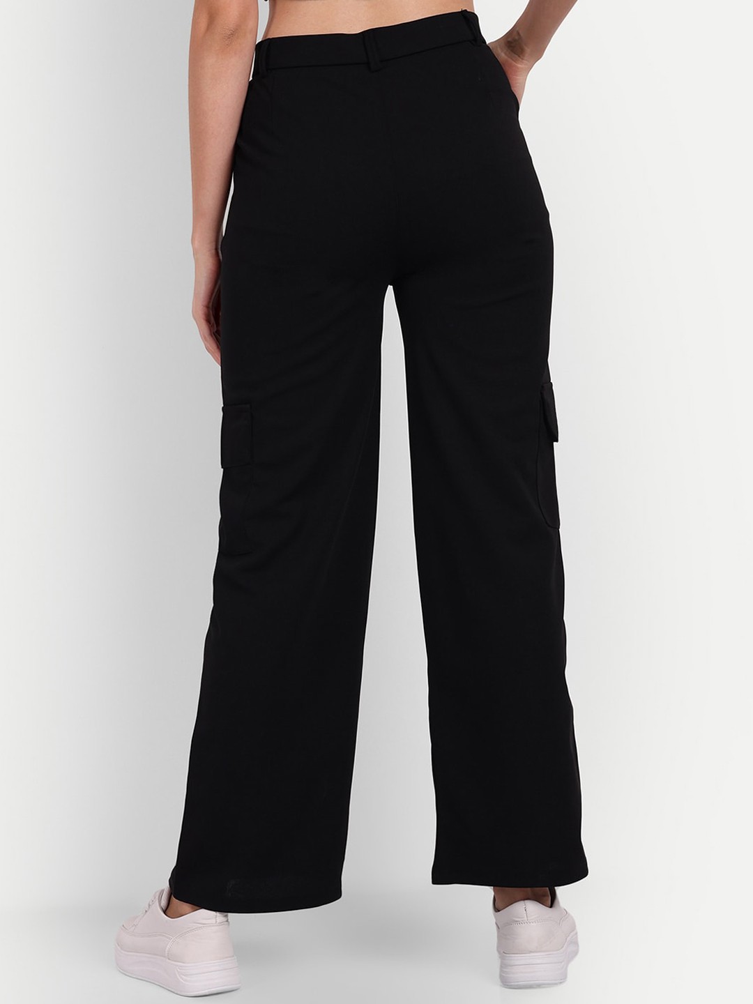 

BROADSTAR Women Relaxed Straight Leg High-Rise Easy Wash Cargo Trousers, Black