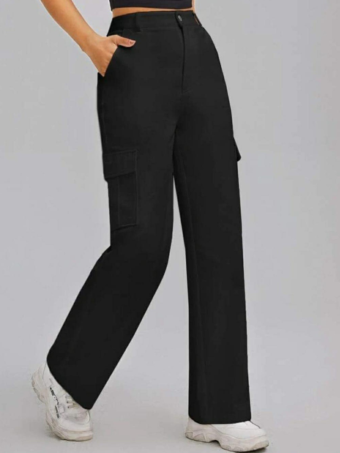 

BROADSTAR Women Relaxed Straight Leg High-Rise Easy Wash Cargos, Black